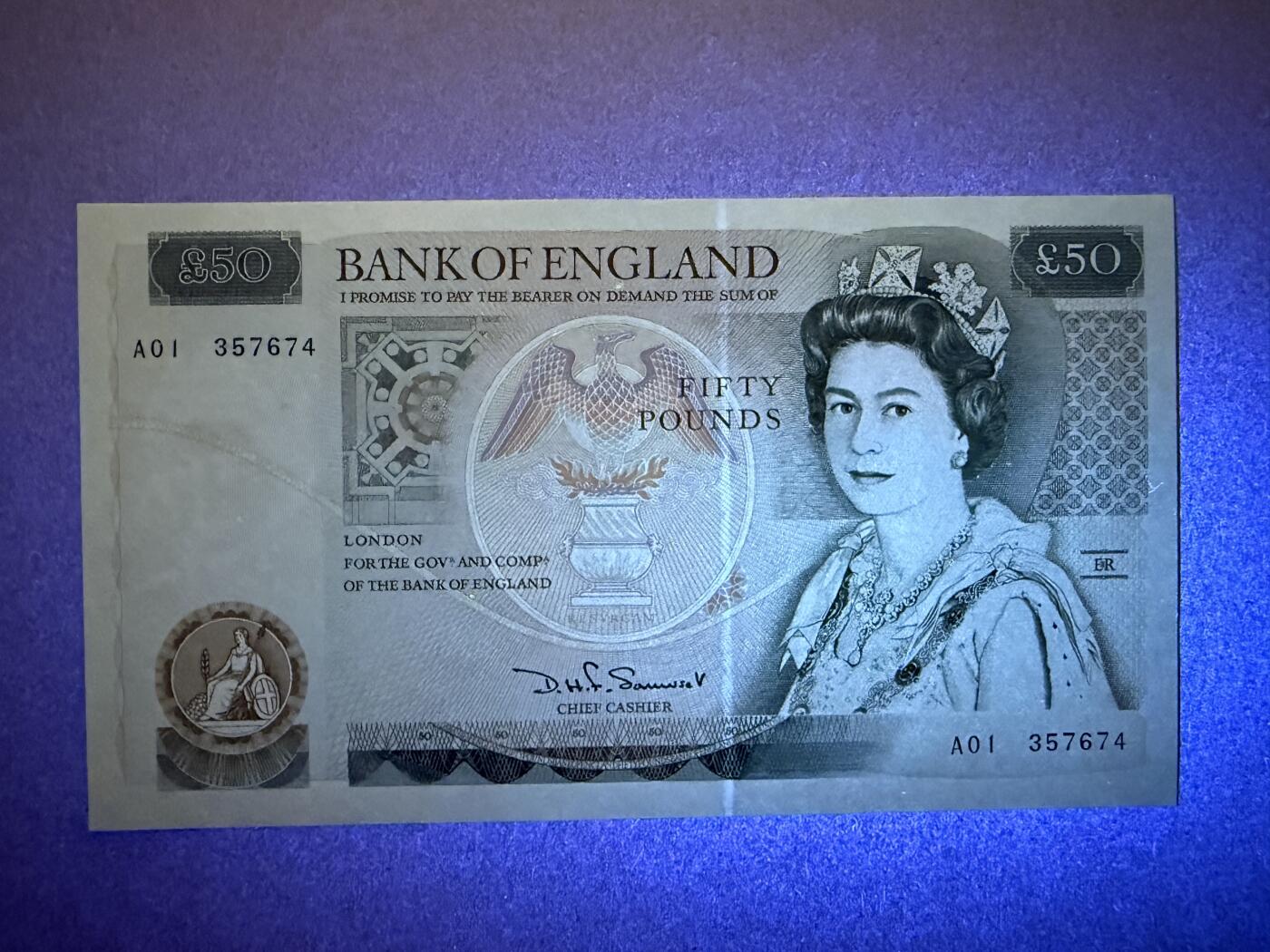 《张总收藏》178期-周日外币畅拍场 英格兰50镑 UNC D序列 D.H.F. Somerset签名 A01冠
