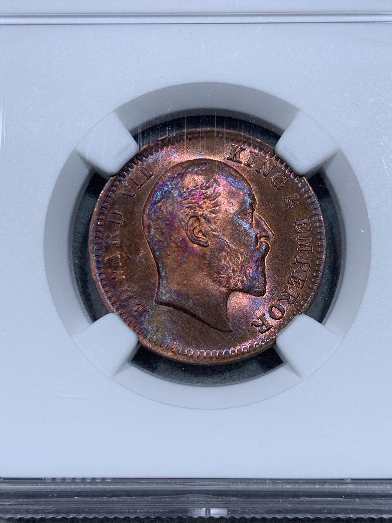 《竞宝斋》第333场 周日，周一 2场连拍 （全场包邮） NGC MS65RB 印度1906年爱德华七世1/4安娜铜币五彩极美包浆