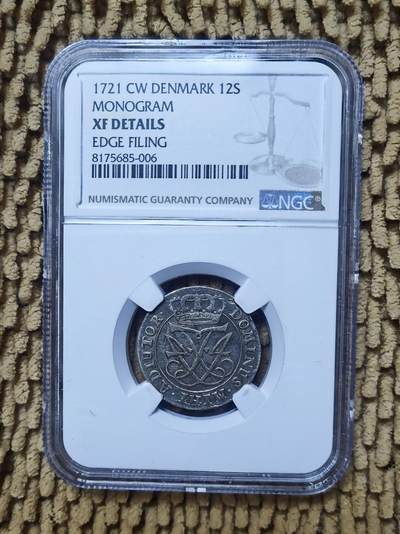 07月23日  🌏全球币章 - 稀品：1721年 丹麦 12S 银币 NGC XF
