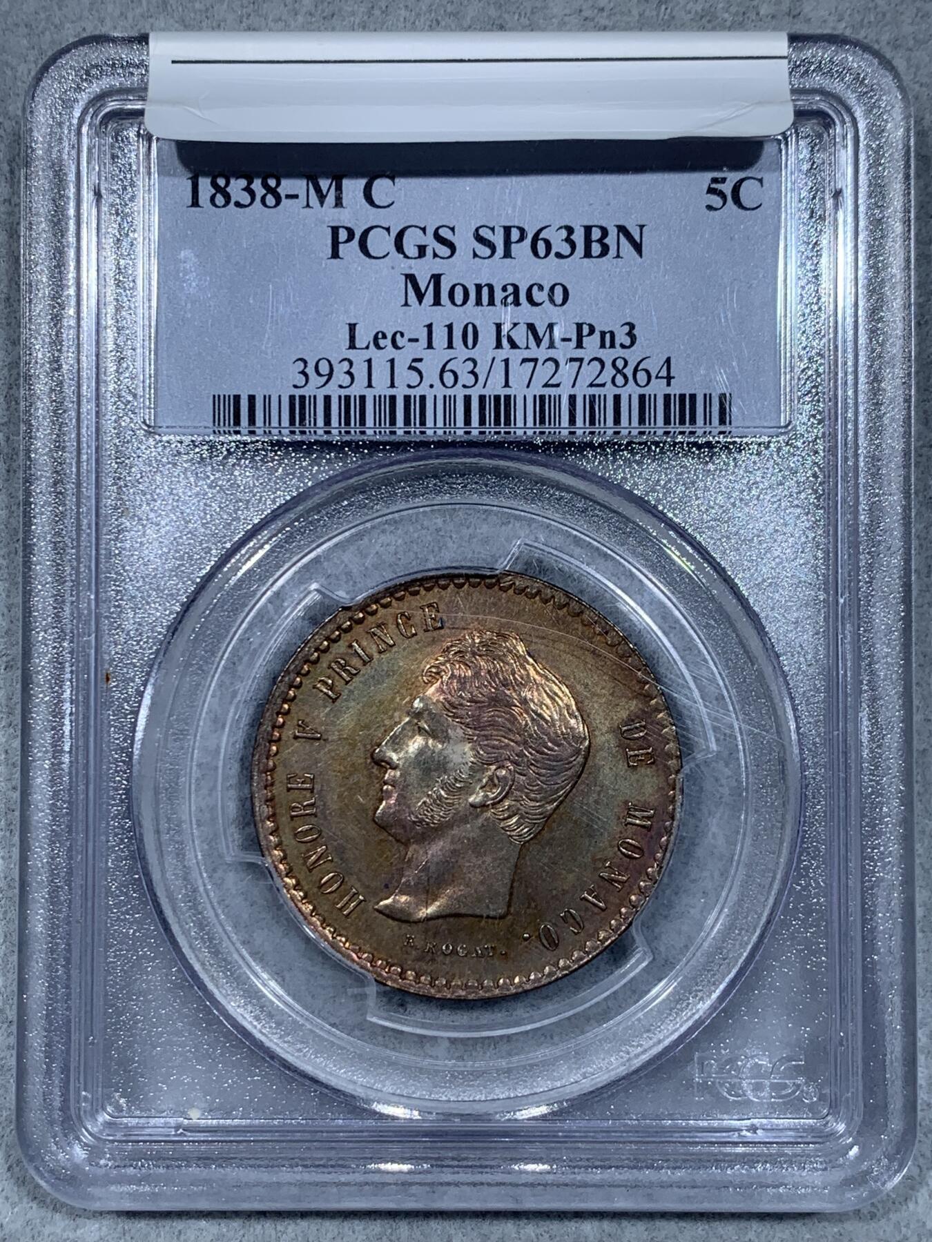 《竞宝斋》第333场 周日，周一 2场连拍 （全场包邮） PCGS SP63BN 摩纳哥1838年5分铜样币，铜彩绚烂，SP镜面工艺。早期摩纳哥样币，工艺精湛。10年前的SBP拍卖同分就以258美元成交。稀见品种，国内难得一遇