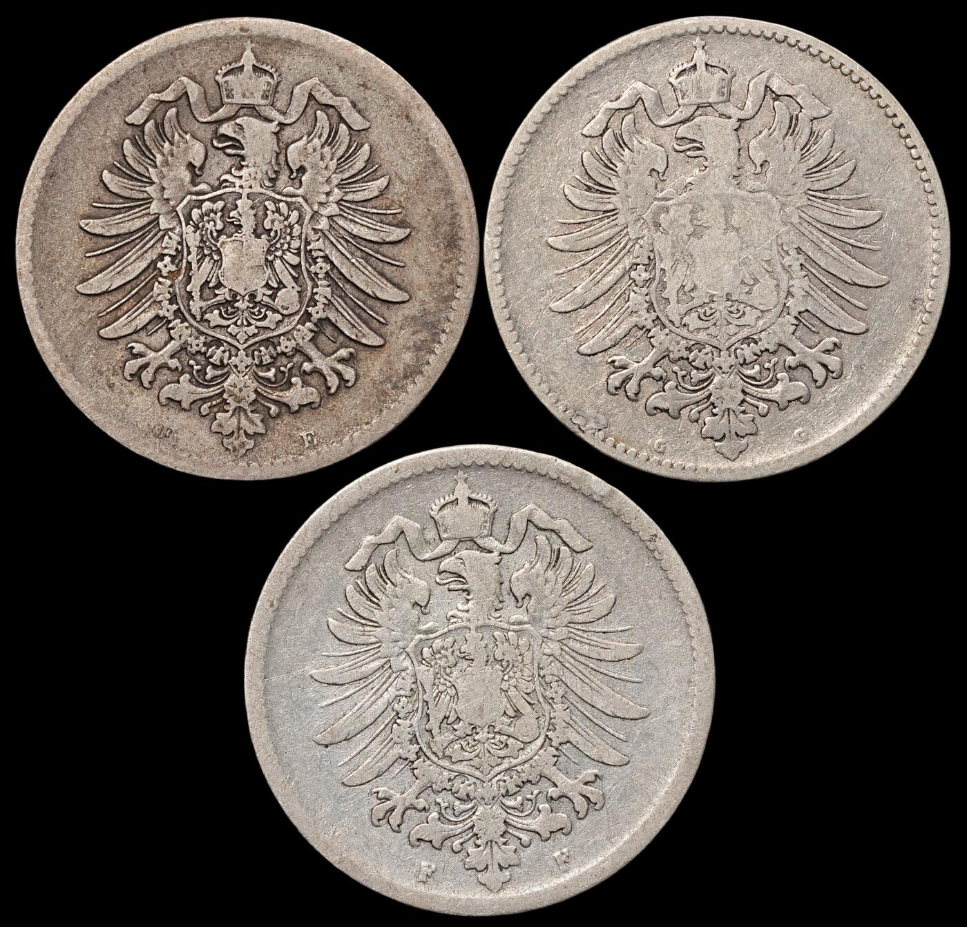修遠堂世界钱币第四十九期 全场包邮 1875年德国1马克银币三枚 厂铭均不重复