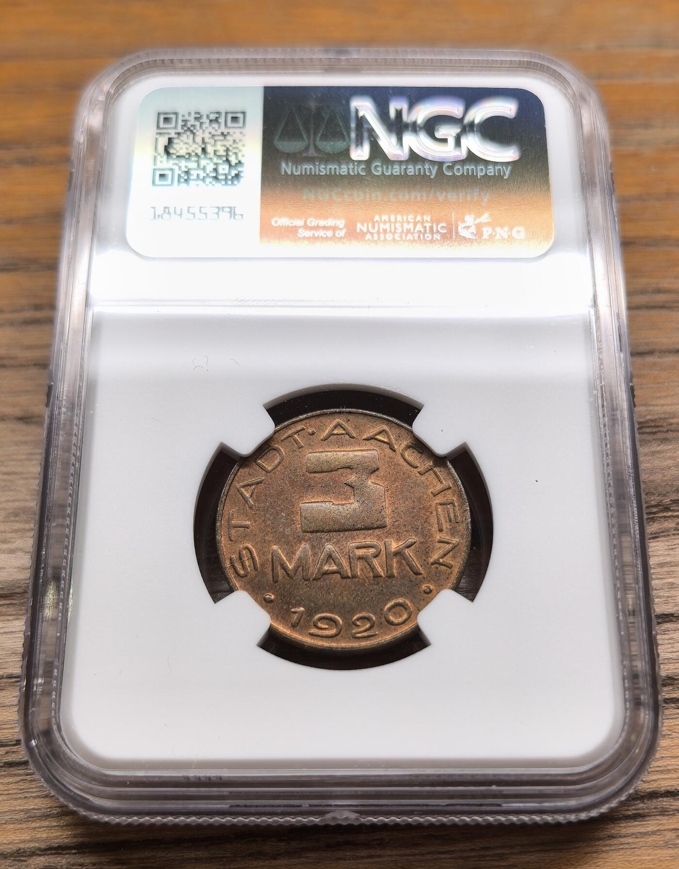 凡希社世界钱币微拍第二百九十二期 1920德紧亚琛3马克铜币NGC-MS64
