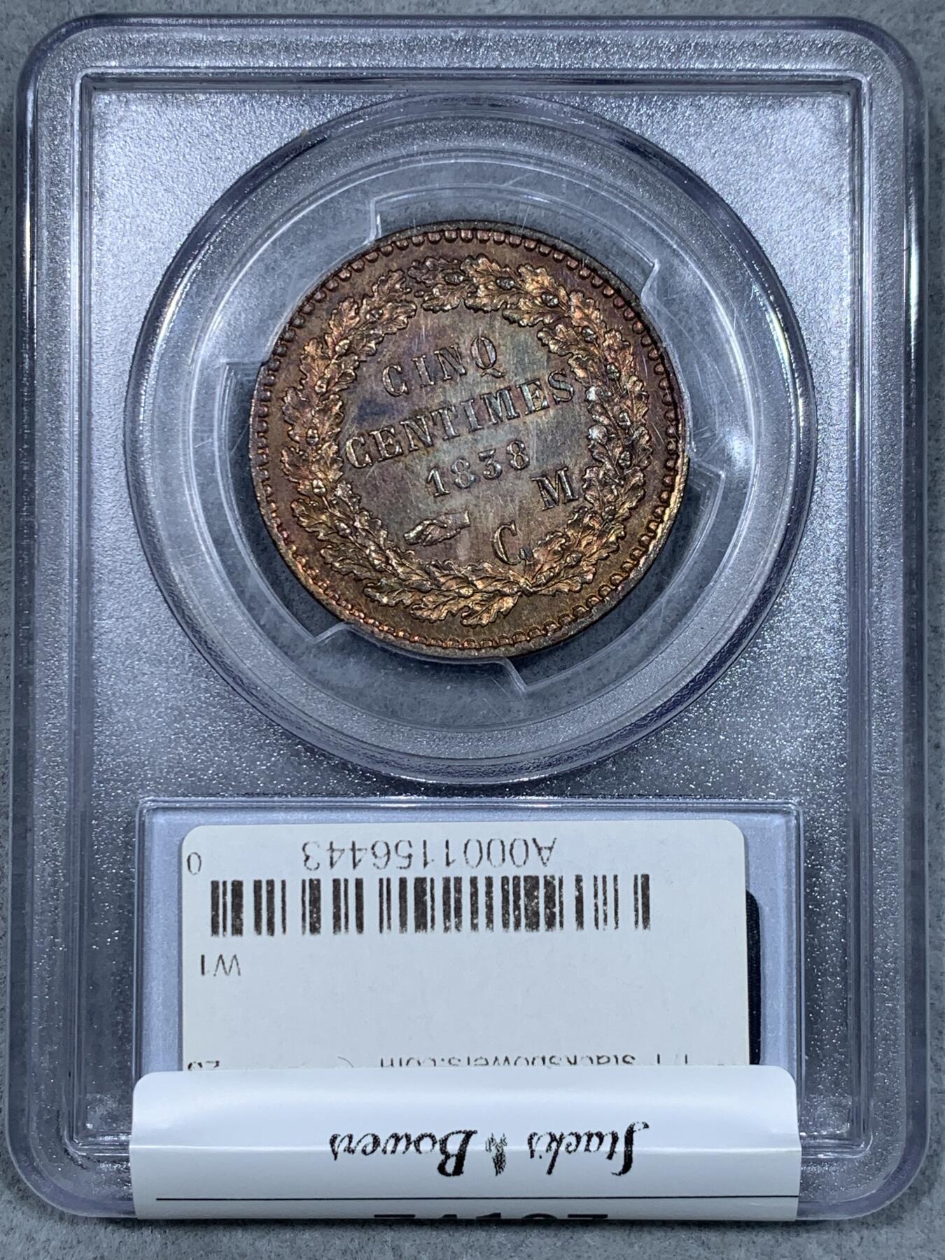 《竞宝斋》第333场 周日，周一 2场连拍 （全场包邮） PCGS SP63BN 摩纳哥1838年5分铜样币，铜彩绚烂，SP镜面工艺。早期摩纳哥样币，工艺精湛。10年前的SBP拍卖同分就以258美元成交。稀见品种，国内难得一遇