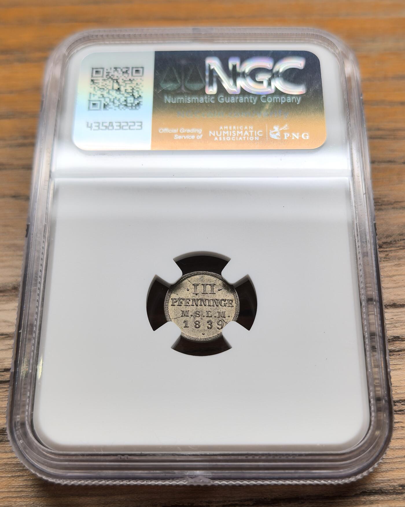 凡希社世界钱币微拍第二百九十二期 1839德国梅克伦堡什未林3芬尼银币NGC-MS65