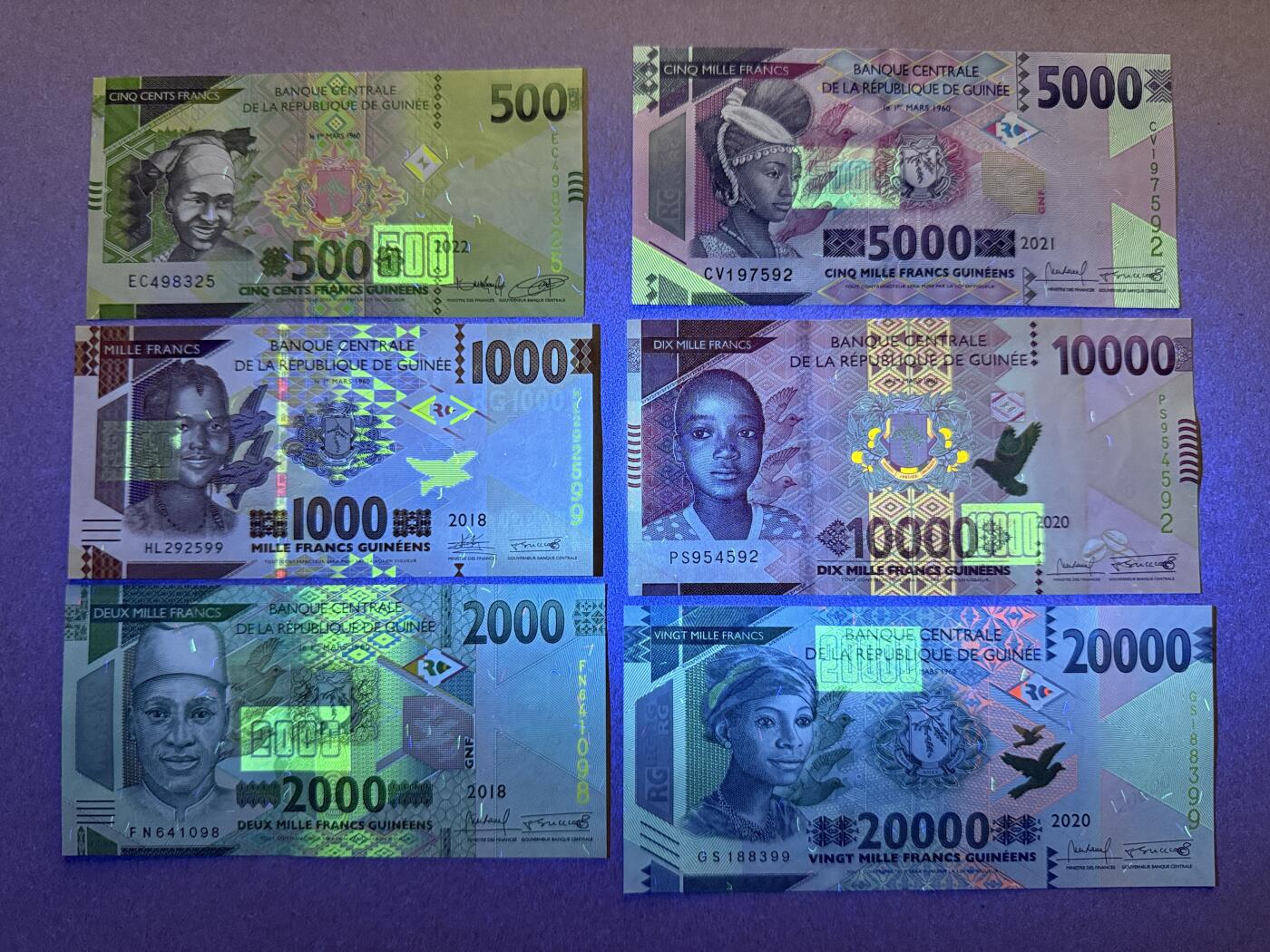 《张总收藏》178期-周日外币畅拍场 几内亚500-20000法郎6张 UNC 2022年
