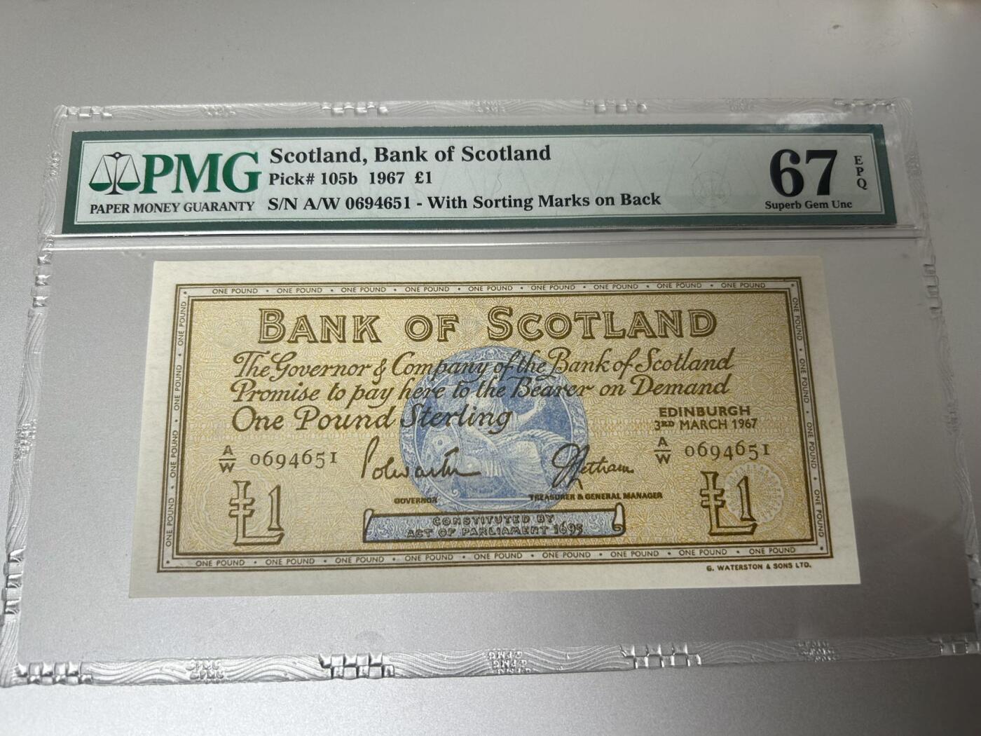 收藏联盟Quantum Auction 第396期拍卖 1967年苏格兰1镑 PMG67E