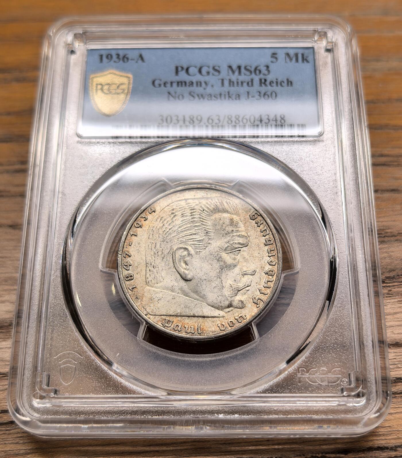 凡希社世界钱币微拍第二百九十二期 1936A德国兴登堡5马克PCGS-MS63