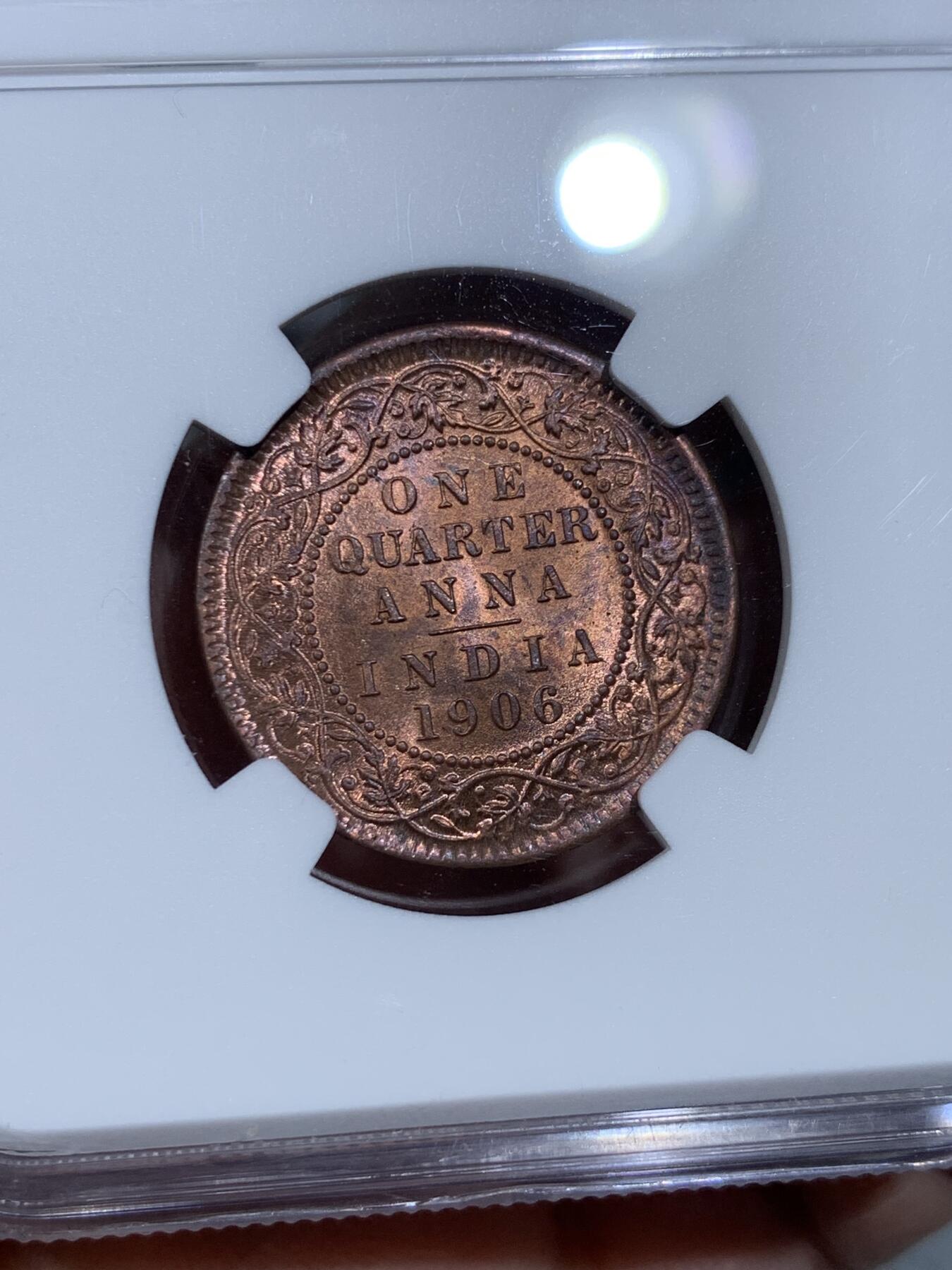 《竞宝斋》第333场 周日，周一 2场连拍 （全场包邮） NGC MS65RB 印度1906年爱德华七世1/4安娜铜币五彩极美包浆
