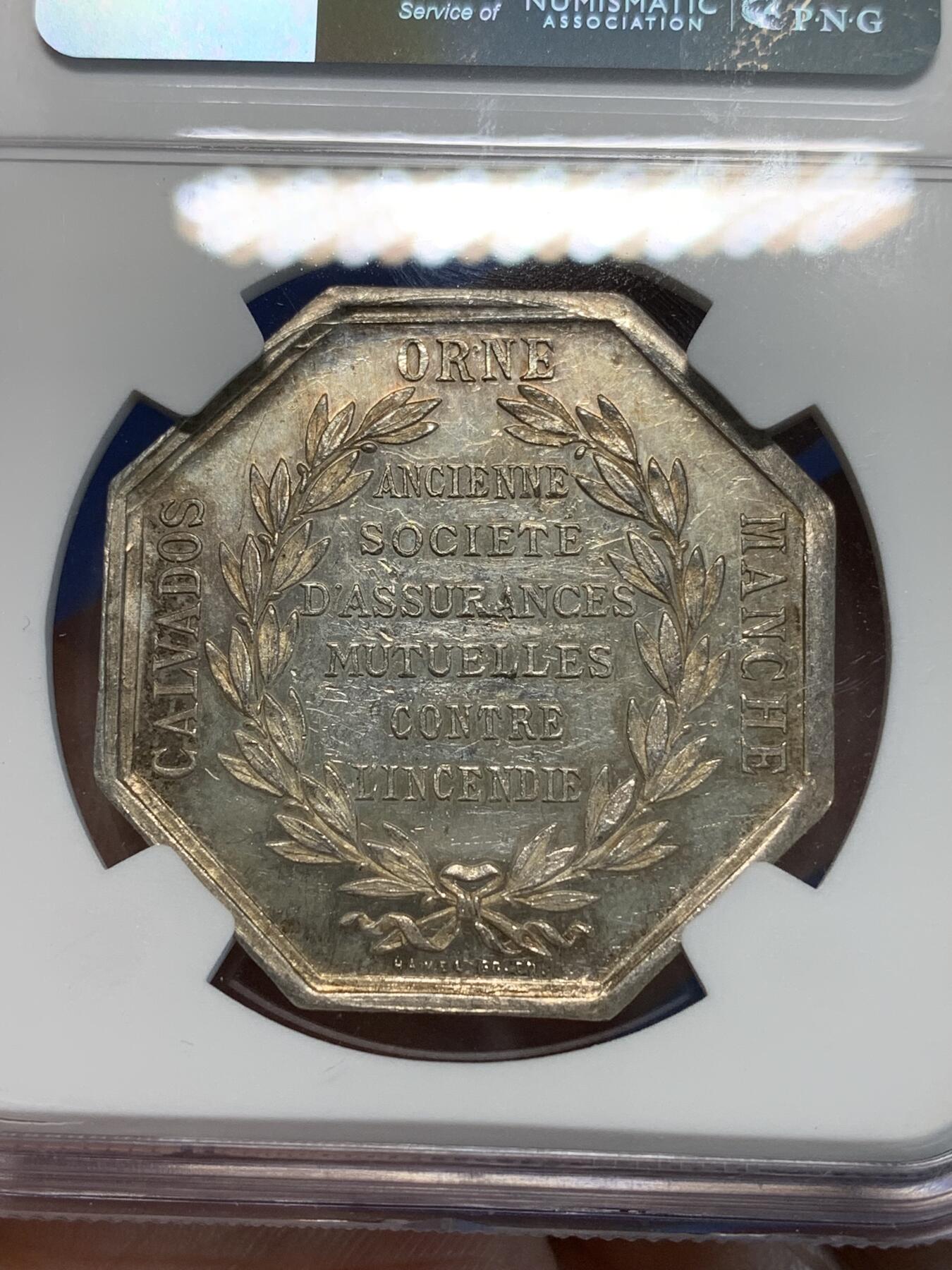 《竞宝斋》第333场 周日，周一 2场连拍 （全场包邮） NGC MS60 法国1820卡尔瓦多斯火灾互助保险公司八角银章 丰饶角边铭