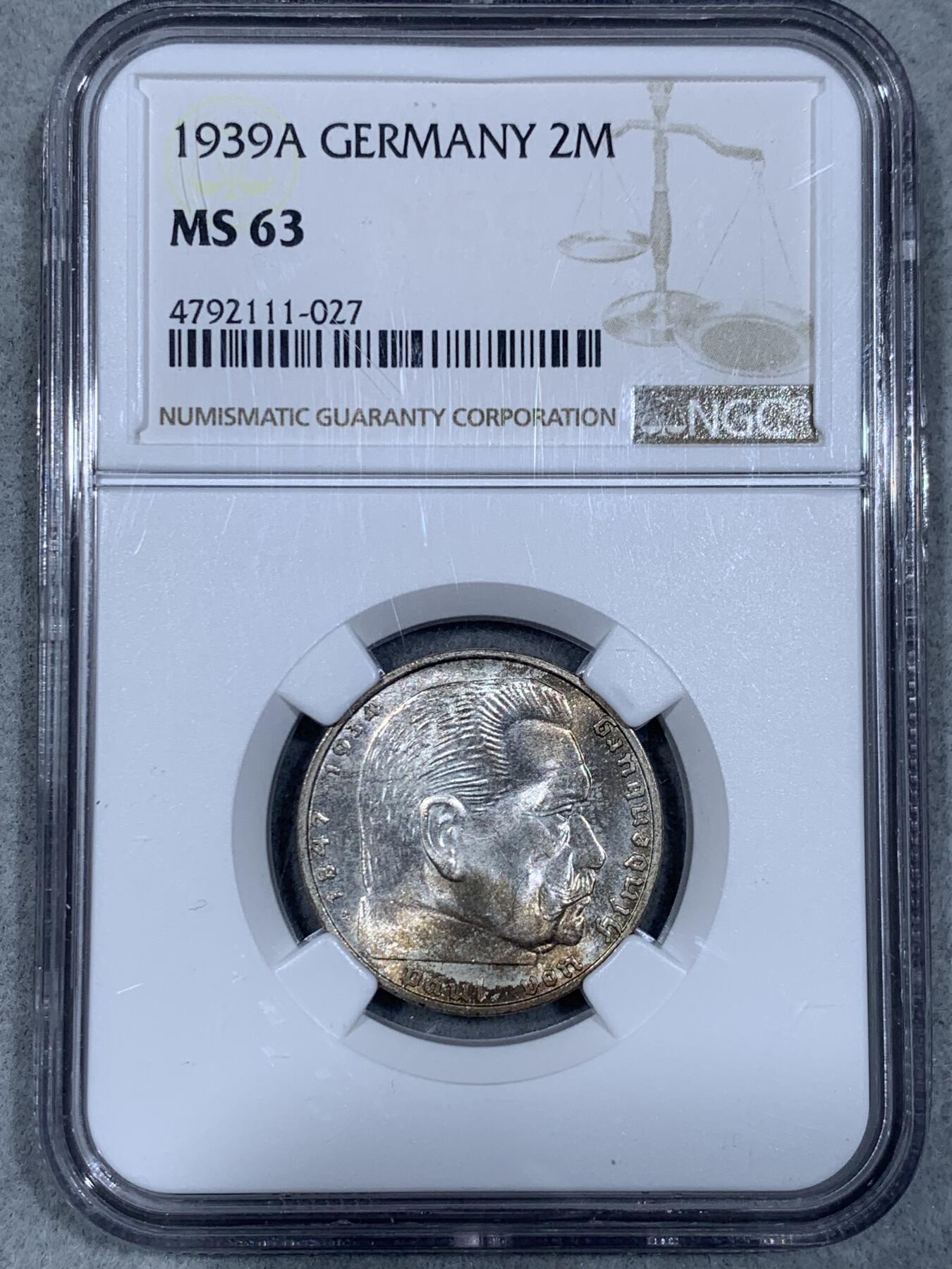 《竞宝斋》第333场 周日，周一 2场连拍 （全场包邮） NGC MS63 德国1939年A版兴登堡2马克银币