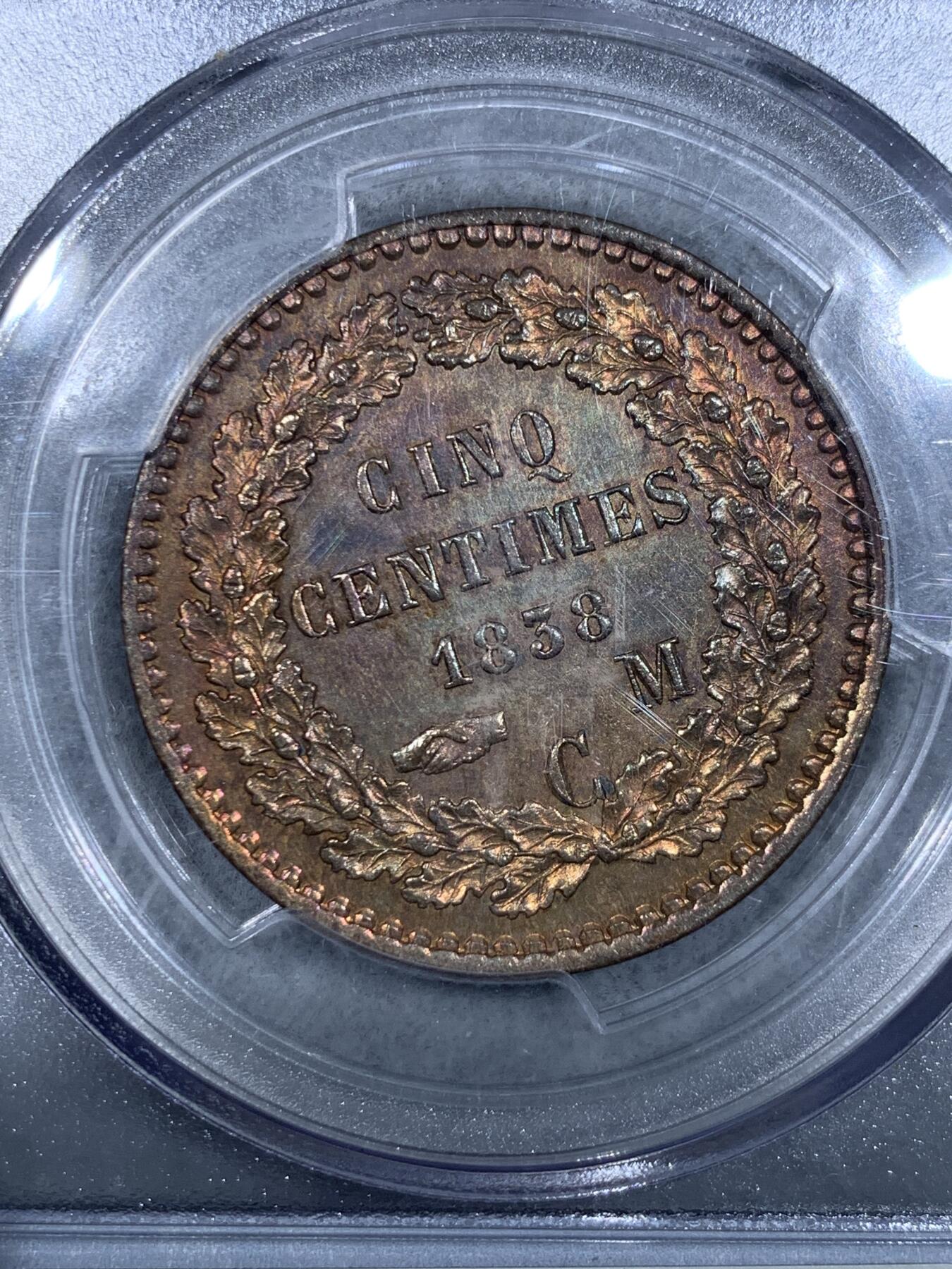 《竞宝斋》第333场 周日，周一 2场连拍 （全场包邮） PCGS SP63BN 摩纳哥1838年5分铜样币，铜彩绚烂，SP镜面工艺。早期摩纳哥样币，工艺精湛。10年前的SBP拍卖同分就以258美元成交。稀见品种，国内难得一遇