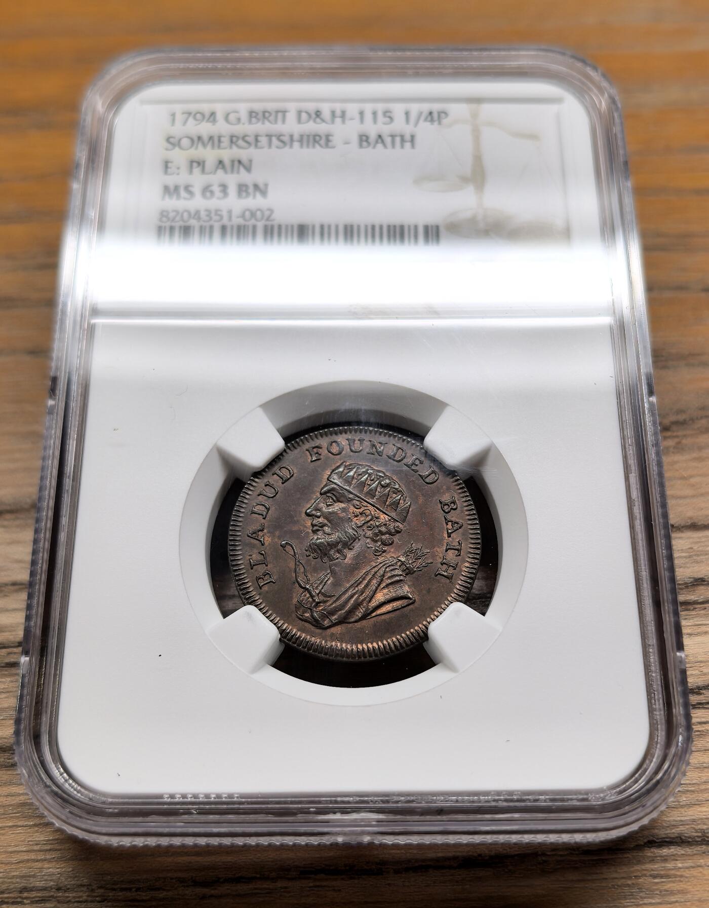 凡希社世界钱币微拍第二百九十二期 1794英国巴斯1/4便士铜代币NGC-MS63