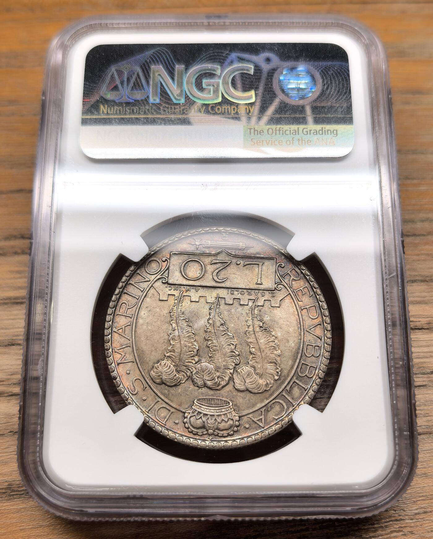 凡希社世界钱币微拍第二百九十二期 1933圣马力诺20里拉大银NGC-MS63，包浆绚丽绝色！