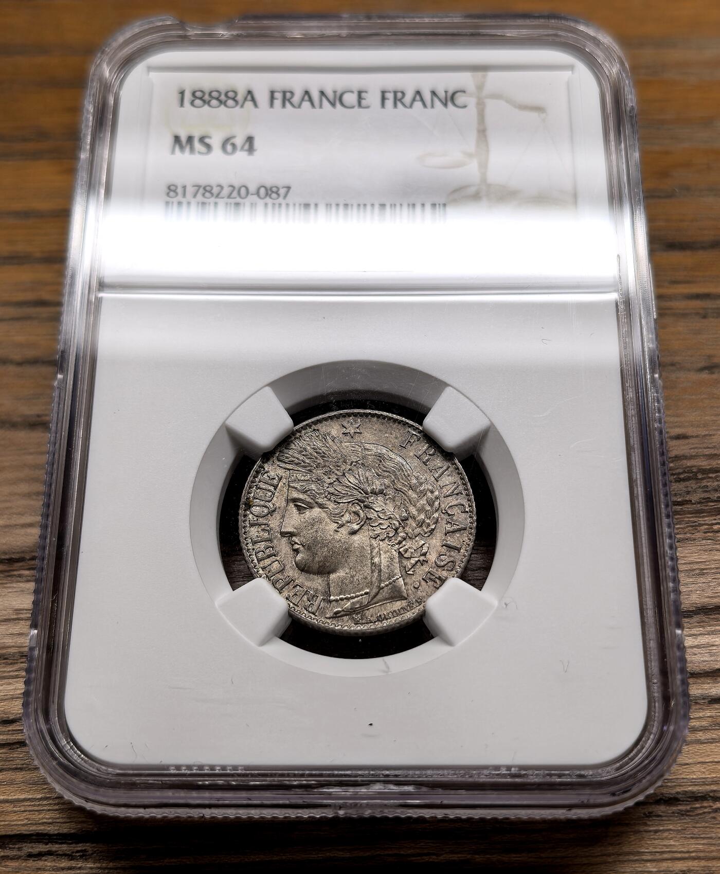 凡希社世界钱币微拍第二百九十二期 1888法国谷物女神银法郎NGC-MS64，包浆味道好。