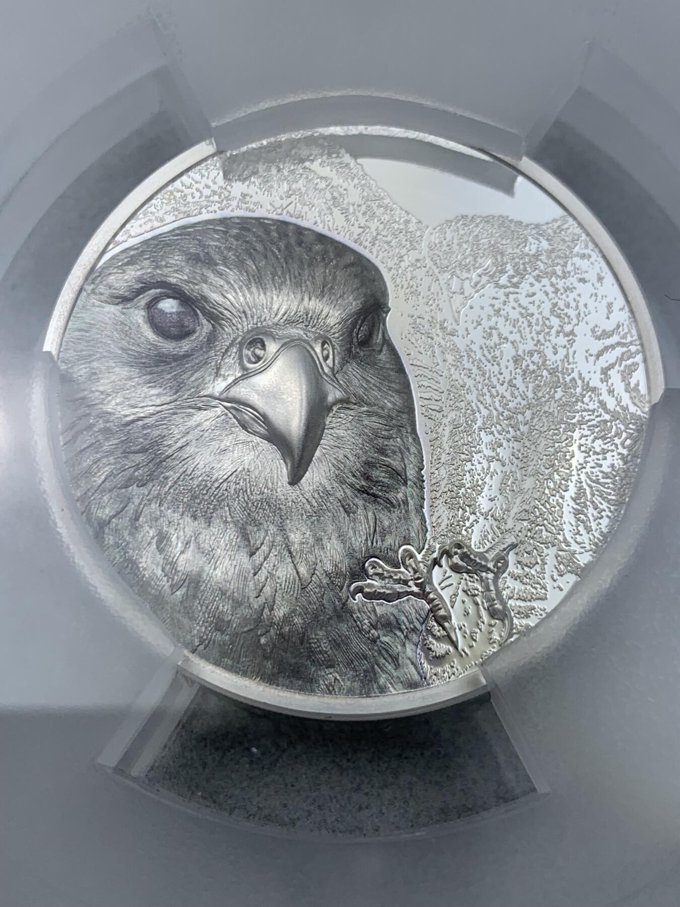 《竞宝斋》第333场 周日，周一 2场连拍 （全场包邮） PCGS PR70DCAM 蒙古2023年发行的野生动物系列“猎鹰”2000图格里克精制纪念银币（双面超高浮雕刻绘，CIT精品系列之作，3盎司克重，999纯银，币径45MM，限量发行999枚，盒证齐全！）