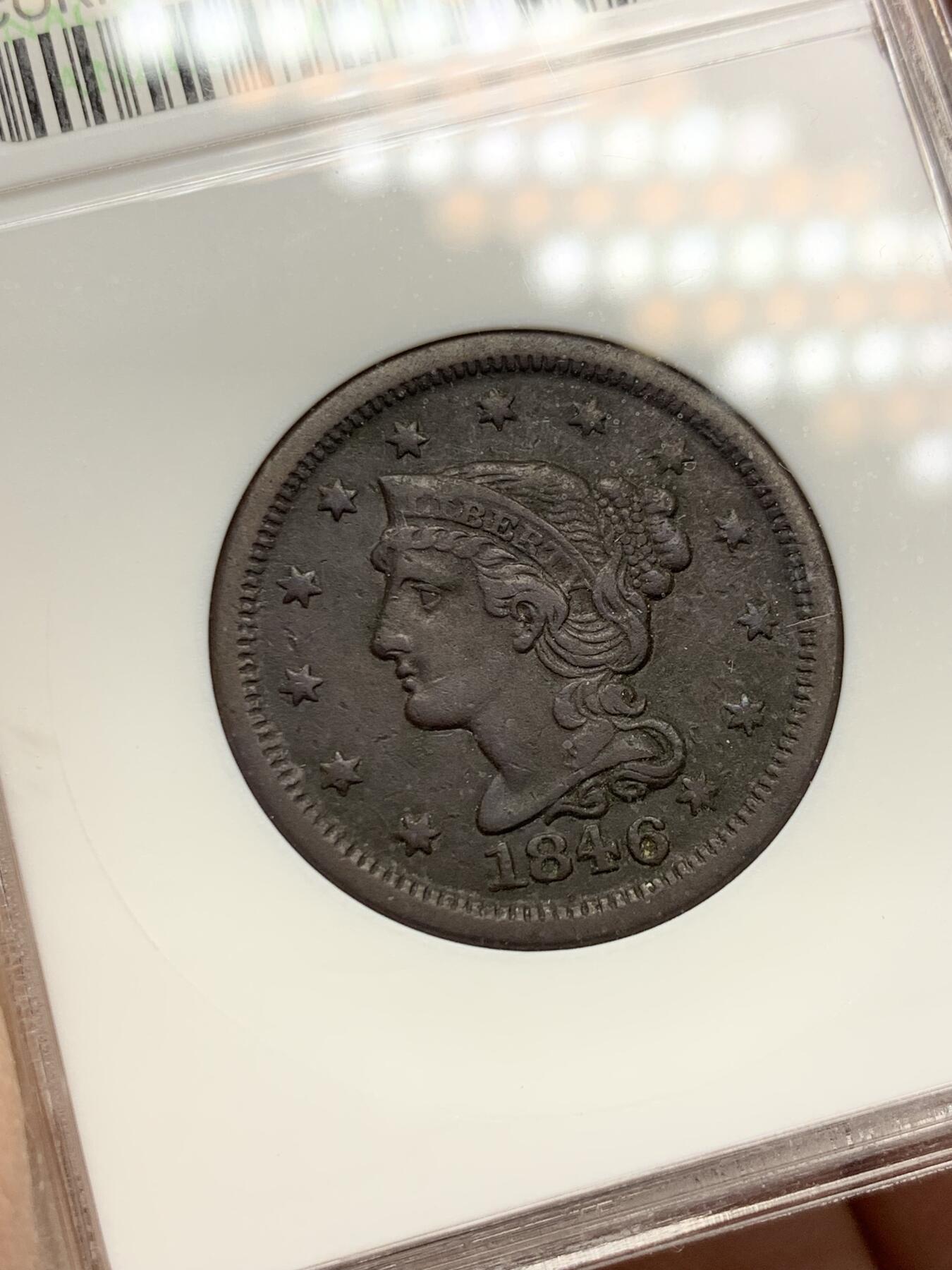 《竞宝斋》第333场 周日，周一 2场连拍 （全场包邮） ANACS EF DETAILS 美国1846年自由女神头像1分铜币