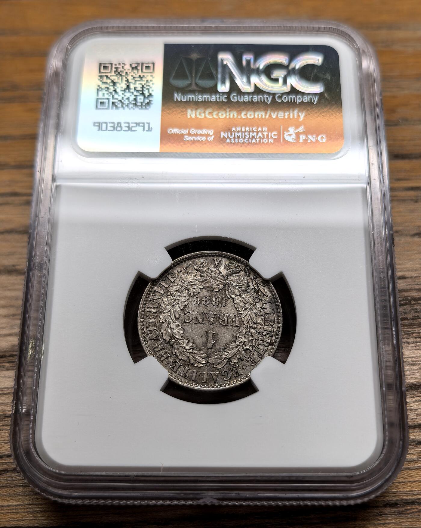 凡希社世界钱币微拍第二百九十二期 1888法国谷物女神银法郎NGC-MS64，包浆味道好。
