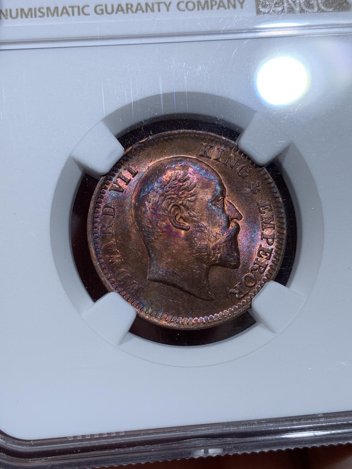 《竞宝斋》第333场 周日，周一 2场连拍 （全场包邮） NGC MS65RB 印度1906年爱德华七世1/4安娜铜币五彩极美包浆