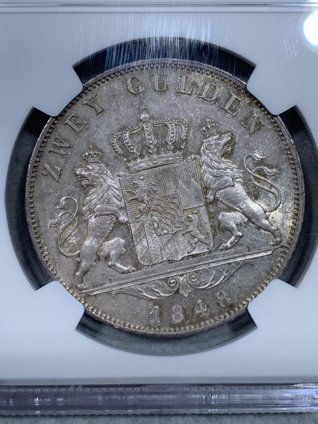 《竞宝斋》第333场 周日，周一 2场连拍 （全场包邮） 亚军分 NGC MS64 德国 1848年 巴伐利亚 马克西米利安二世 双狮盾徽2古尔登大银币 炫光可藏
