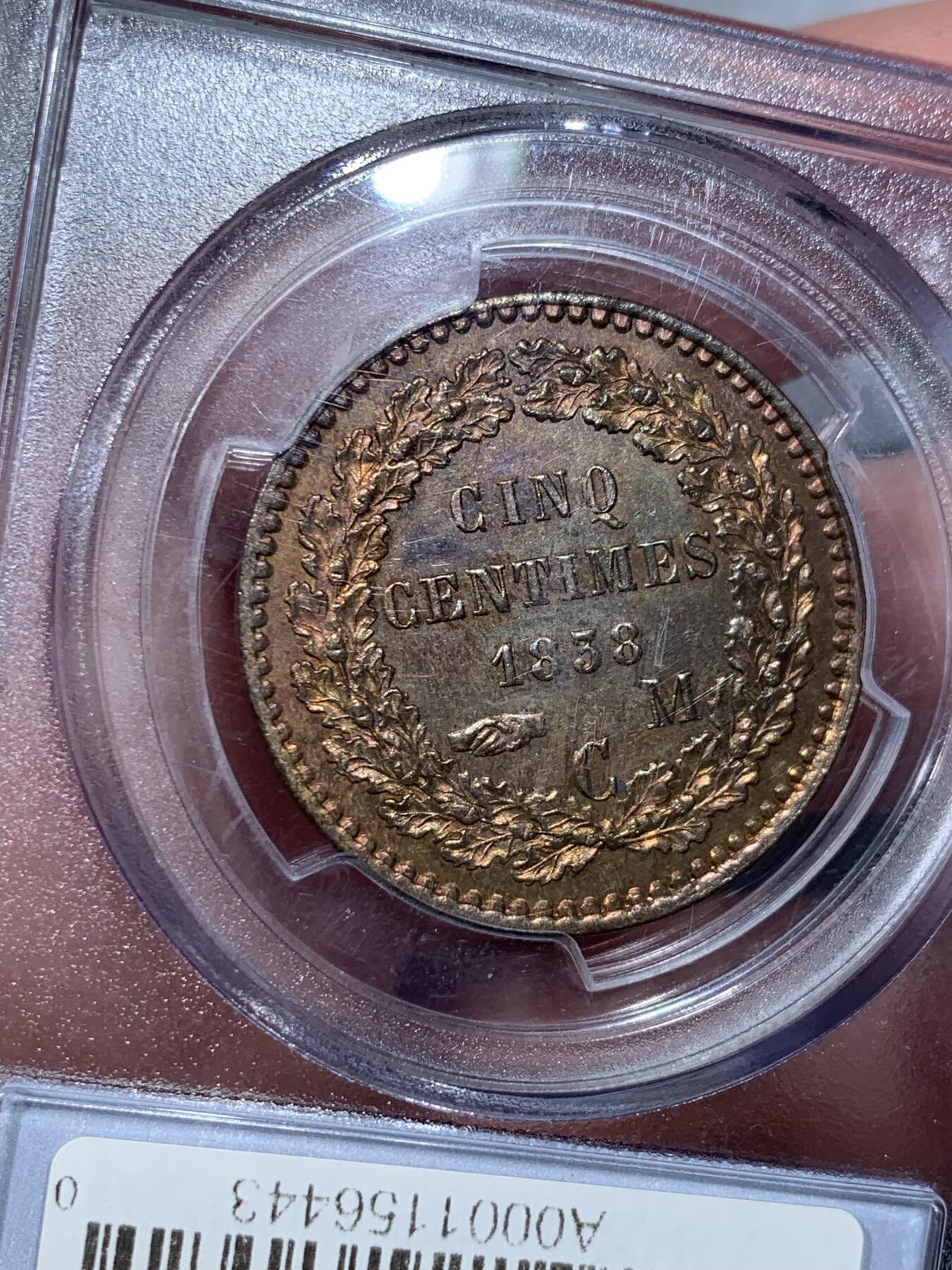 《竞宝斋》第333场 周日，周一 2场连拍 （全场包邮） PCGS SP63BN 摩纳哥1838年5分铜样币，铜彩绚烂，SP镜面工艺。早期摩纳哥样币，工艺精湛。10年前的SBP拍卖同分就以258美元成交。稀见品种，国内难得一遇