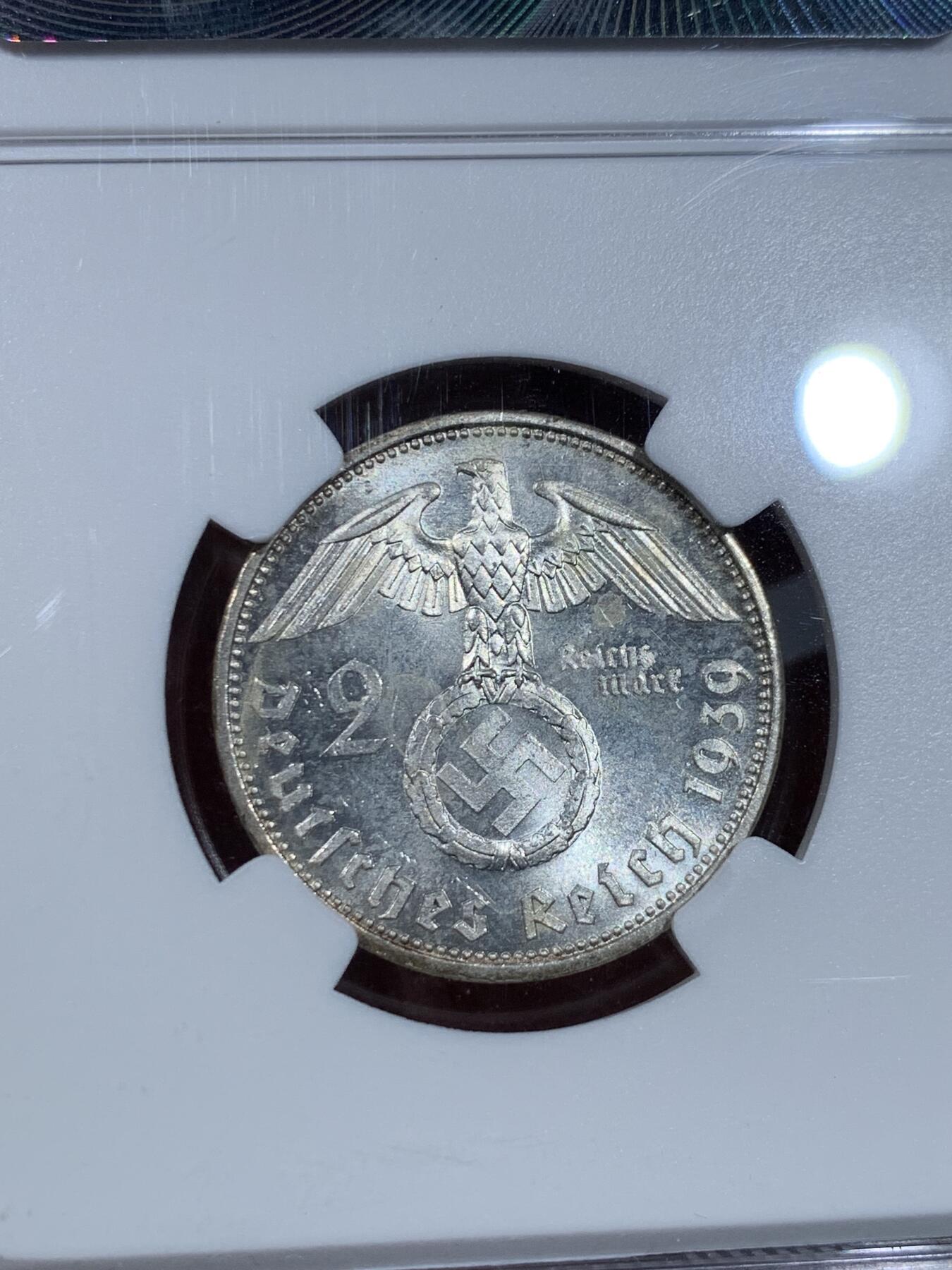 《竞宝斋》第333场 周日，周一 2场连拍 （全场包邮） NGC MS63 德国1939年A版兴登堡2马克银币