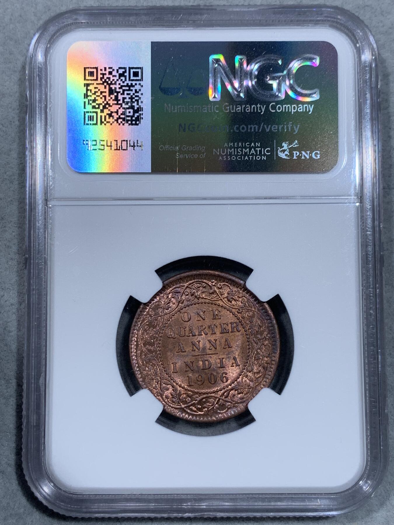 《竞宝斋》第333场 周日，周一 2场连拍 （全场包邮） NGC MS65RB 印度1906年爱德华七世1/4安娜铜币五彩极美包浆