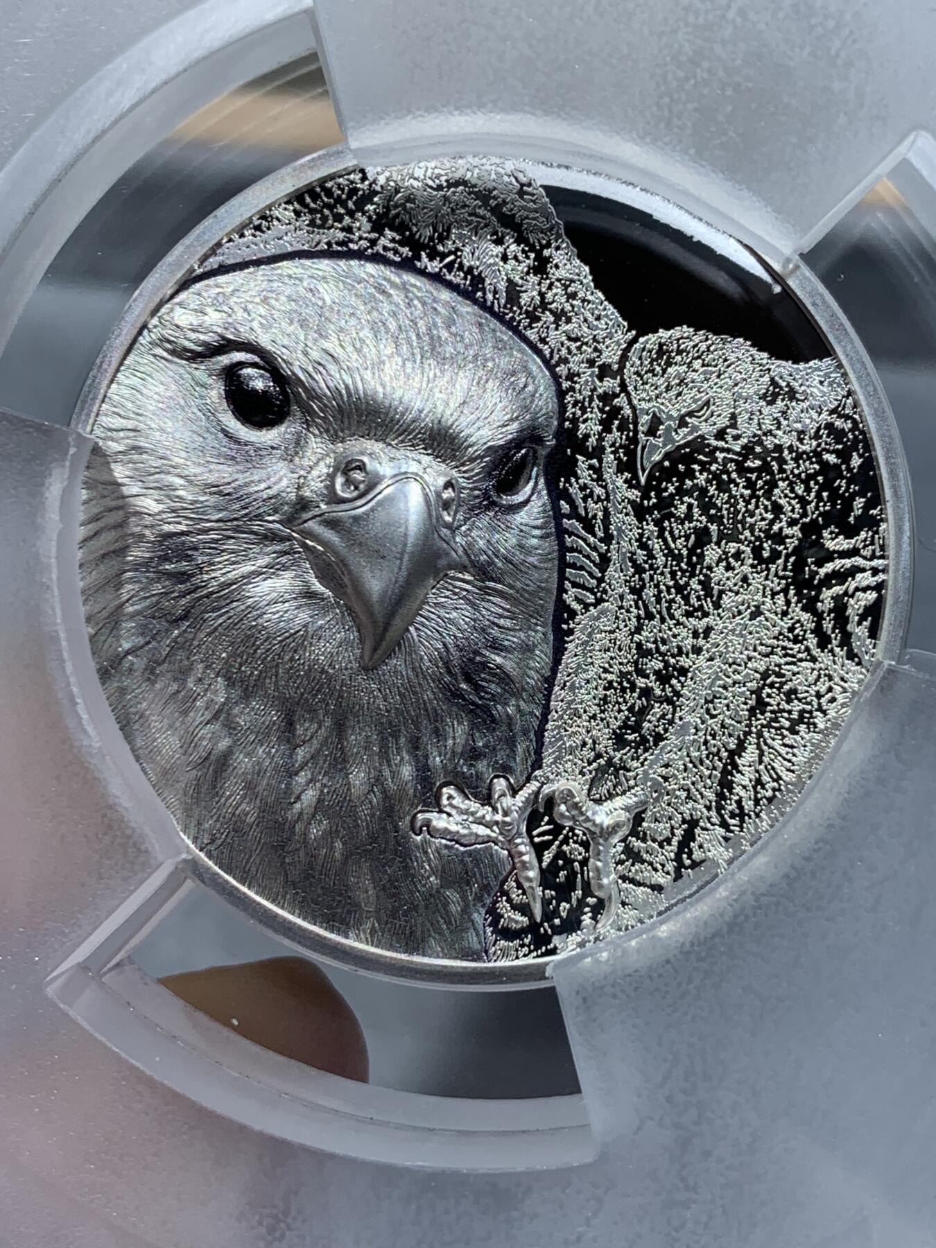 《竞宝斋》第333场 周日，周一 2场连拍 （全场包邮） PCGS PR70DCAM 蒙古2023年发行的野生动物系列“猎鹰”2000图格里克精制纪念银币（双面超高浮雕刻绘，CIT精品系列之作，3盎司克重，999纯银，币径45MM，限量发行999枚，盒证齐全！）