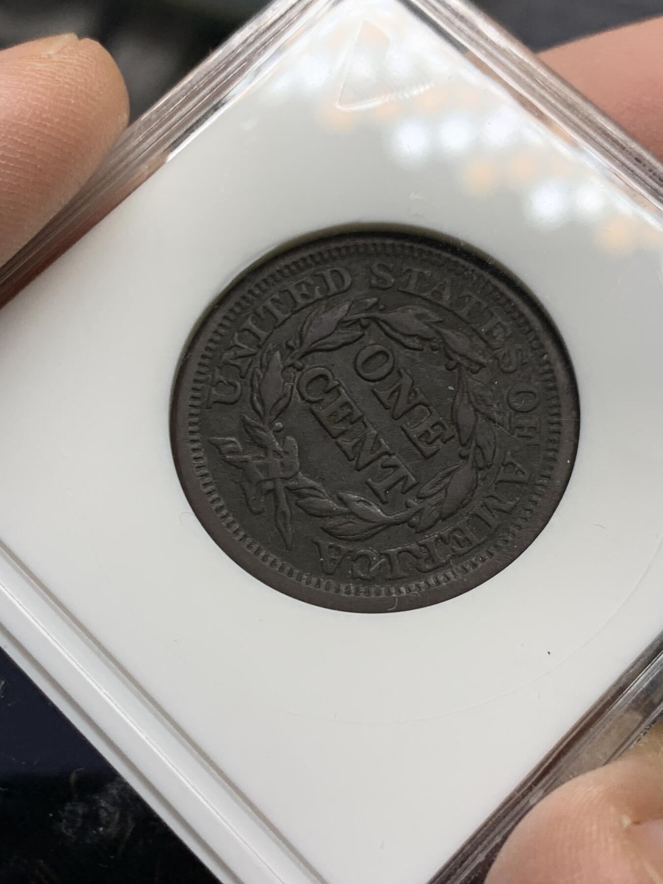 《竞宝斋》第333场 周日，周一 2场连拍 （全场包邮） ANACS EF DETAILS 美国1846年自由女神头像1分铜币