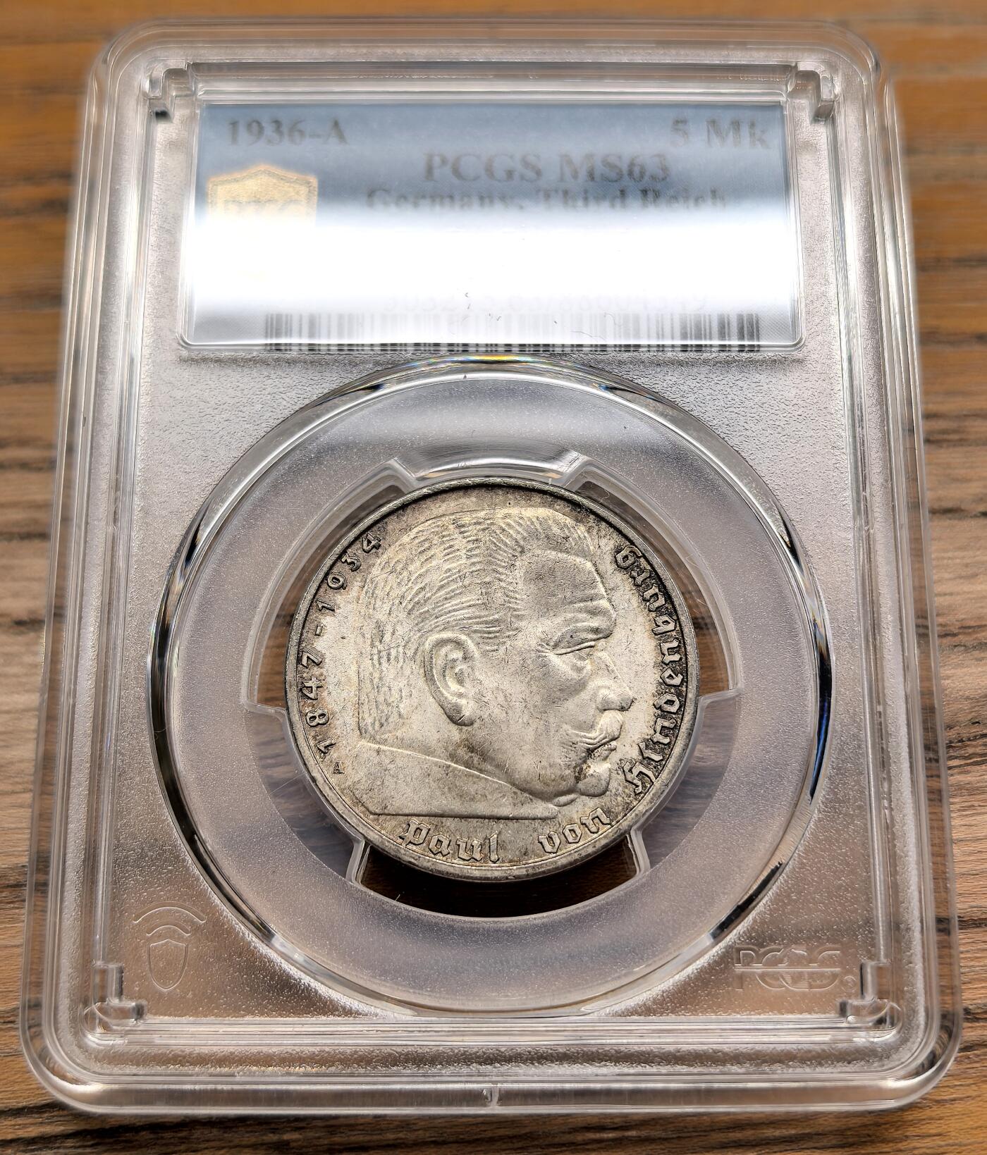 凡希社世界钱币微拍第二百九十二期 1936A德国兴登堡万字符5马克PCGS-MS63