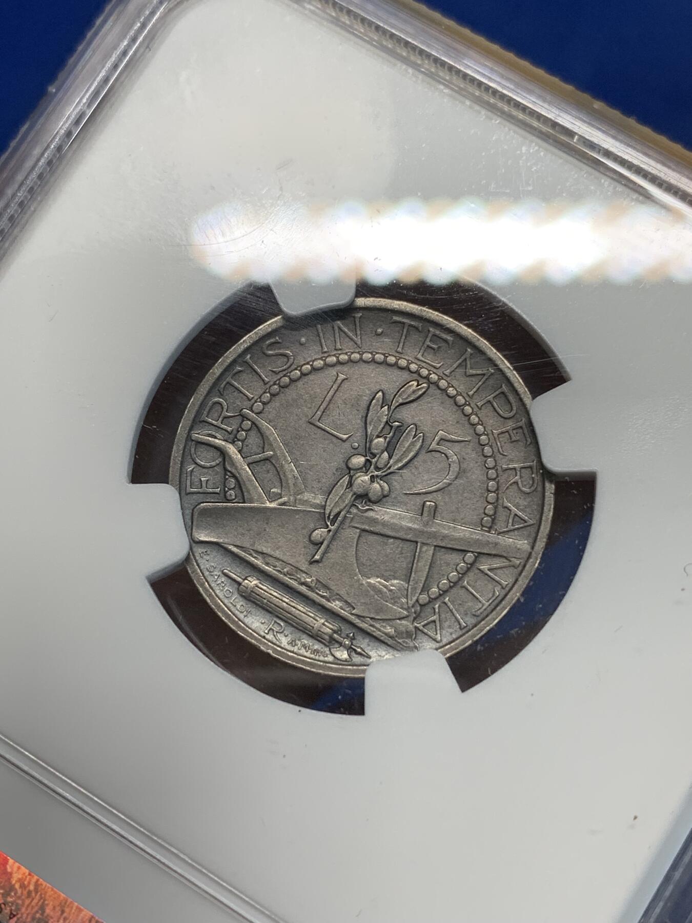 《竞宝斋》第333场 周日，周一 2场连拍 （全场包邮） NGC AU CLEANED 圣马力诺1935年5里拉银币 老彩 