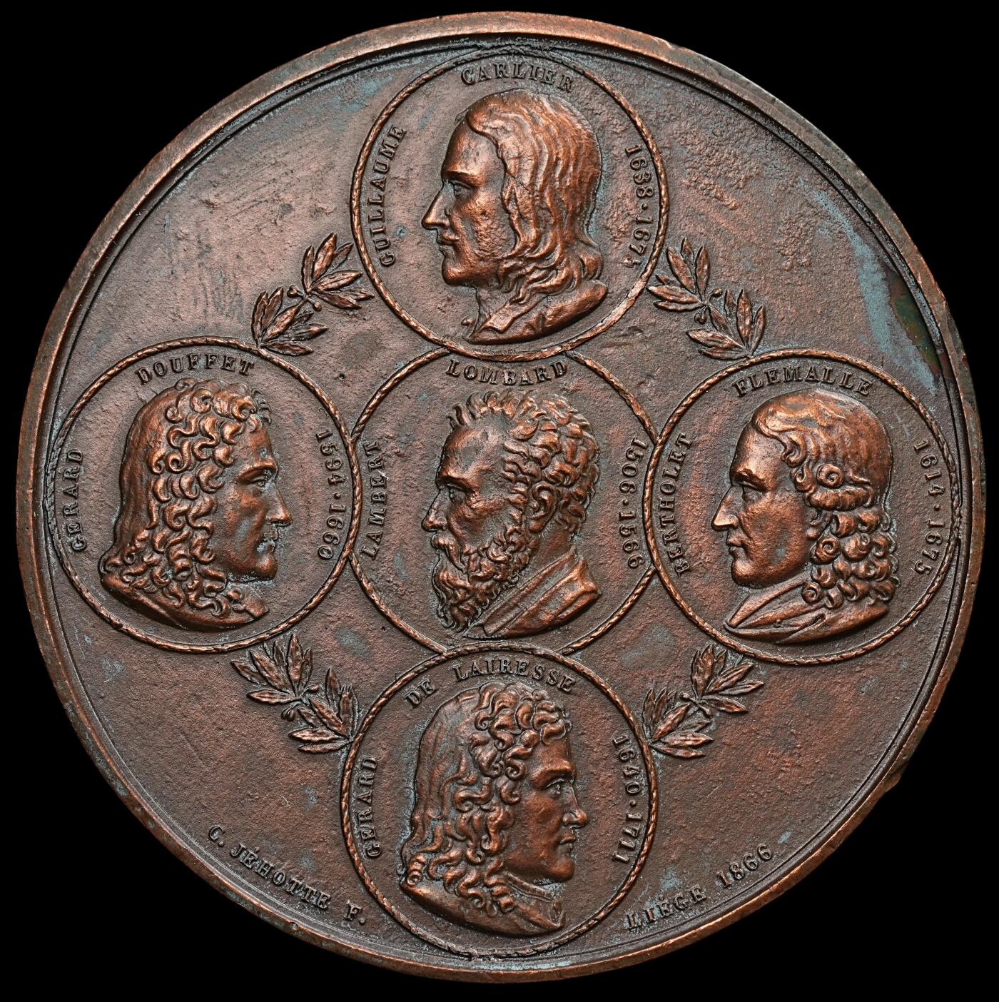 修遠堂世界钱币第四十九期 全场包邮 1866年（DATED)比利时人物纪念大铜章 70.50mm，153g