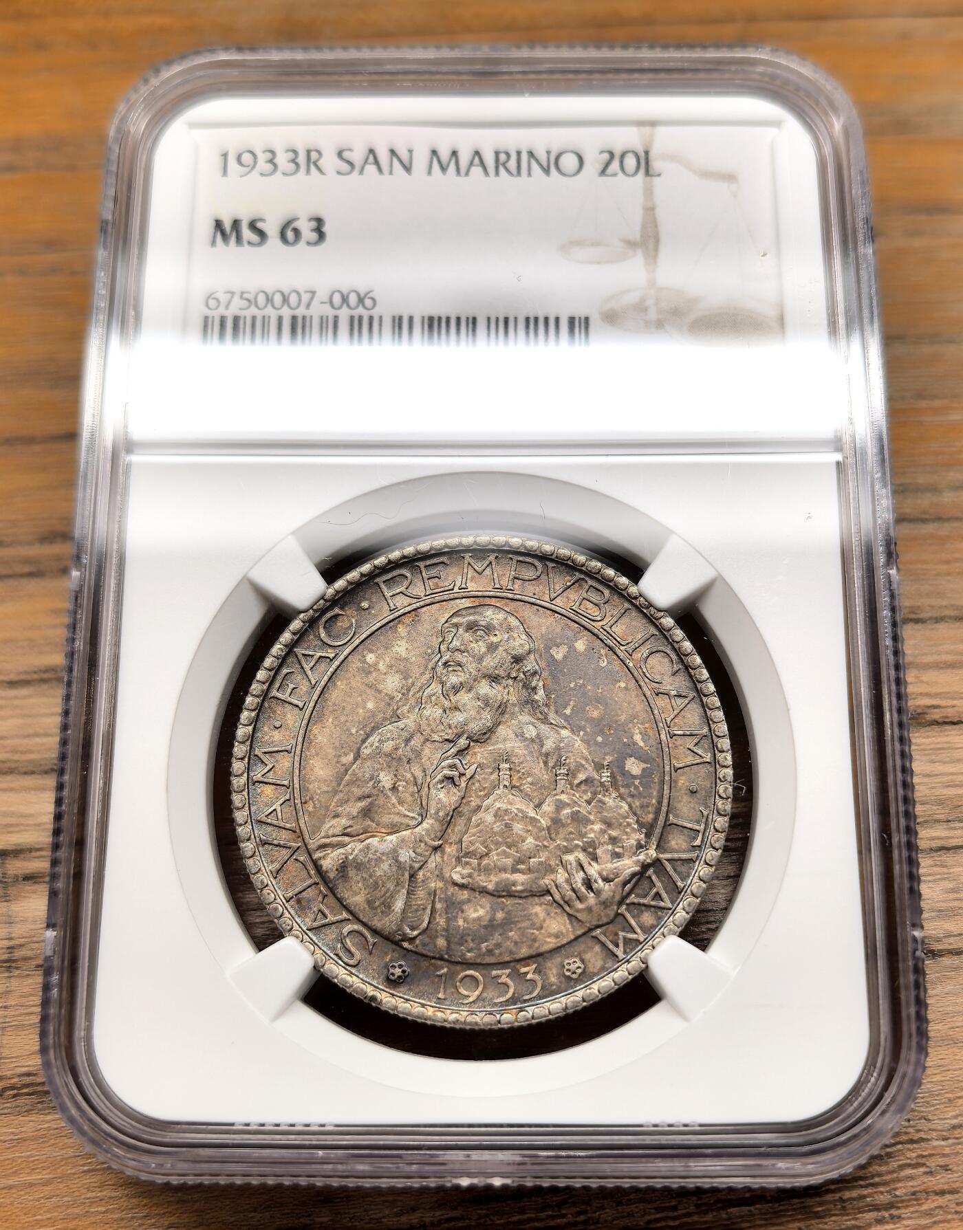 凡希社世界钱币微拍第二百九十二期 1933圣马力诺20里拉大银NGC-MS63，包浆绚丽绝色！