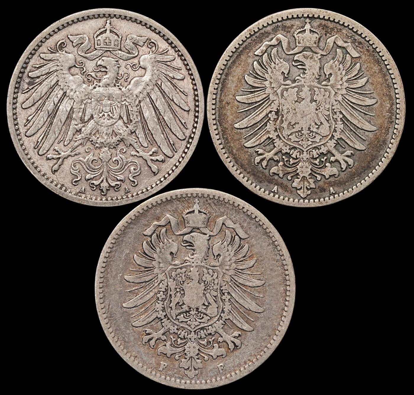 修遠堂世界钱币第四十九期 全场包邮 1876-1907年德国1马克银币三枚 年份厂铭均不重复
