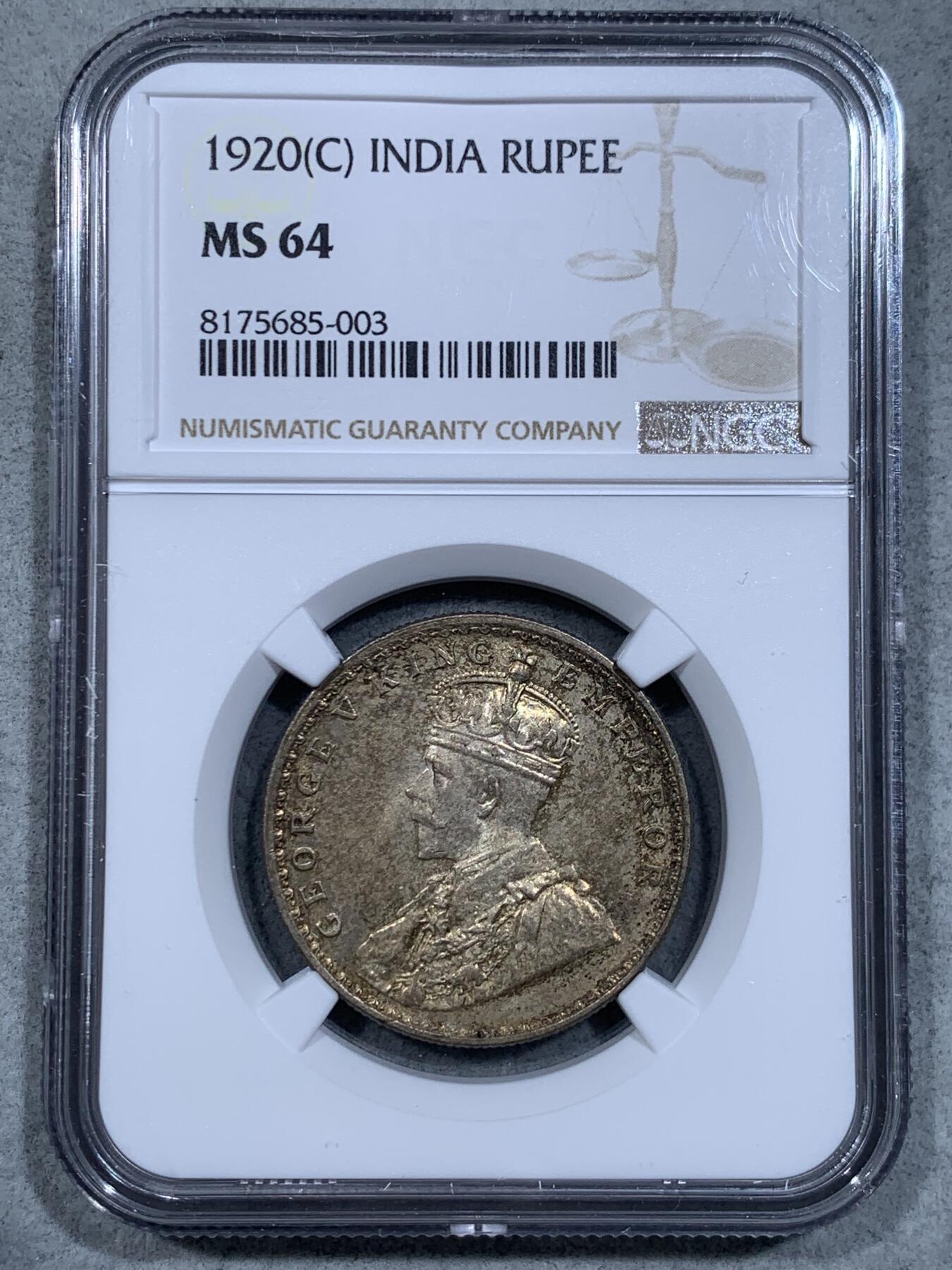 《竞宝斋》第334场 周日，周一 2场连拍 （全场包邮） NGC MS64 印度1920年乔治五世卢比银币 币面丝绸光泽，养眼