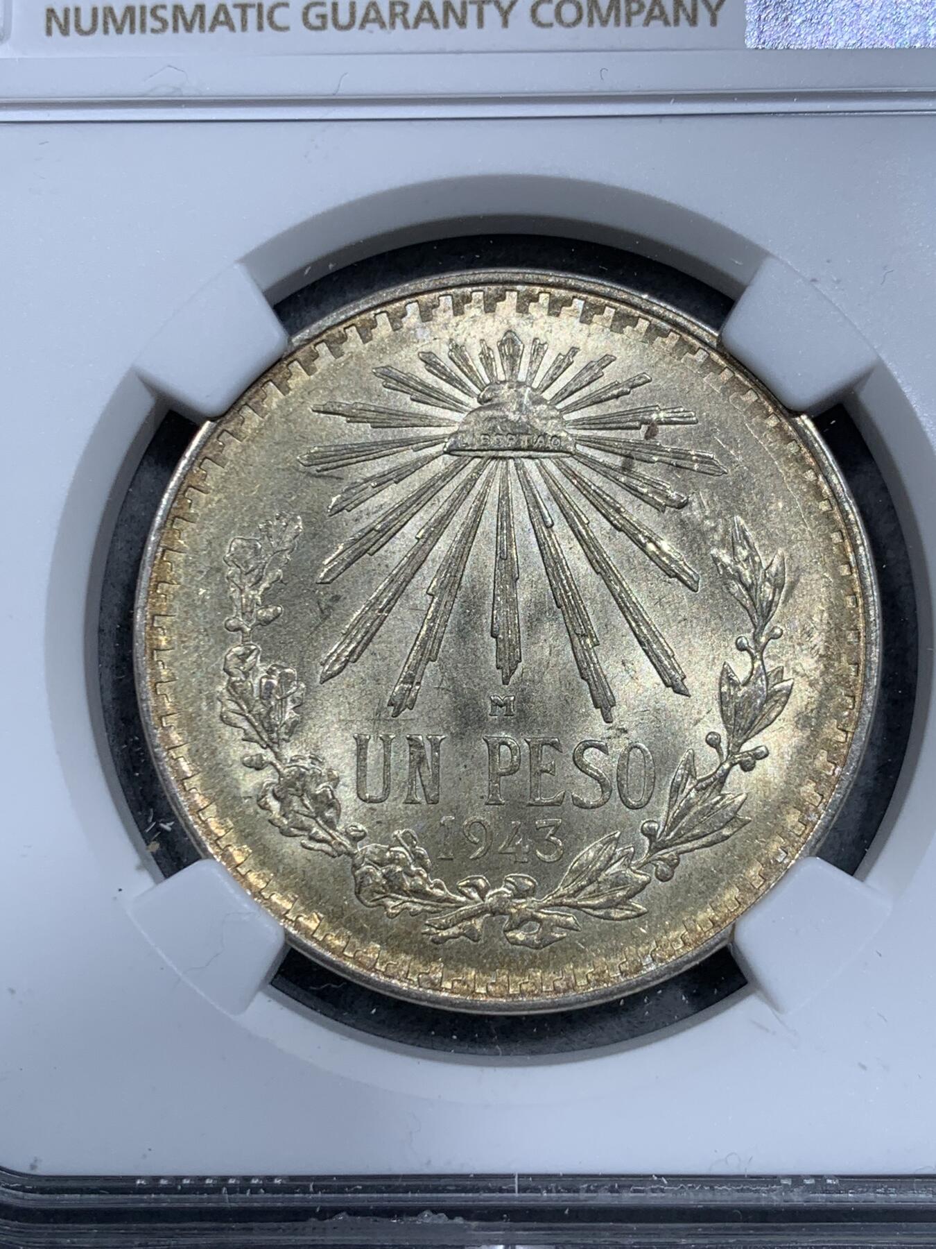 《竞宝斋》第334场 周日，周一 2场连拍 （全场包邮） NGC UNC CLEANED 墨西哥1943年鹰洋1比索银币