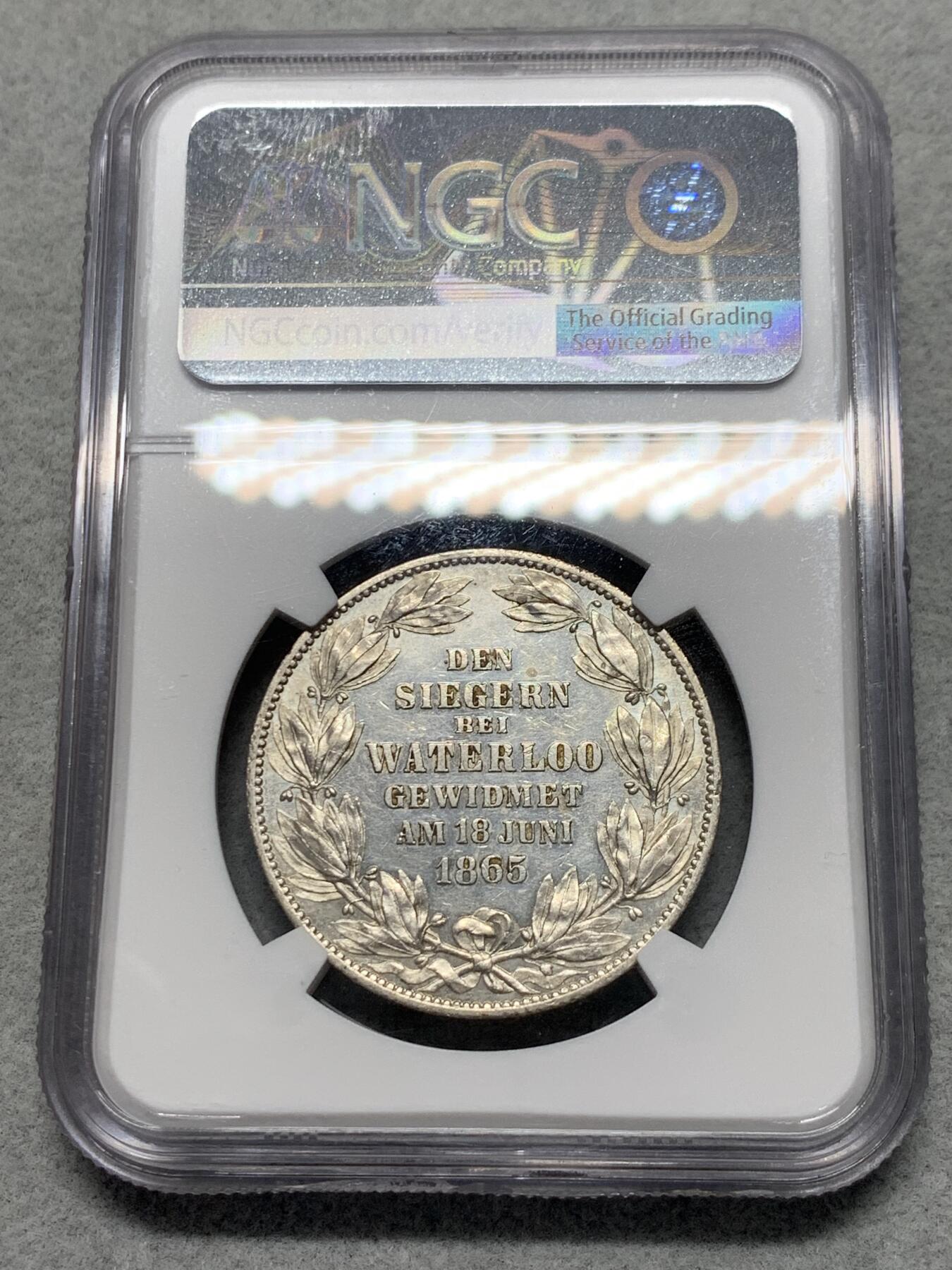 《竞宝斋》第334场 周日，周一 2场连拍 （全场包邮） NGC AUD 德国1865年汉诺威乔治五世滑铁卢纪念泰勒 经典品种 1.5万发行量