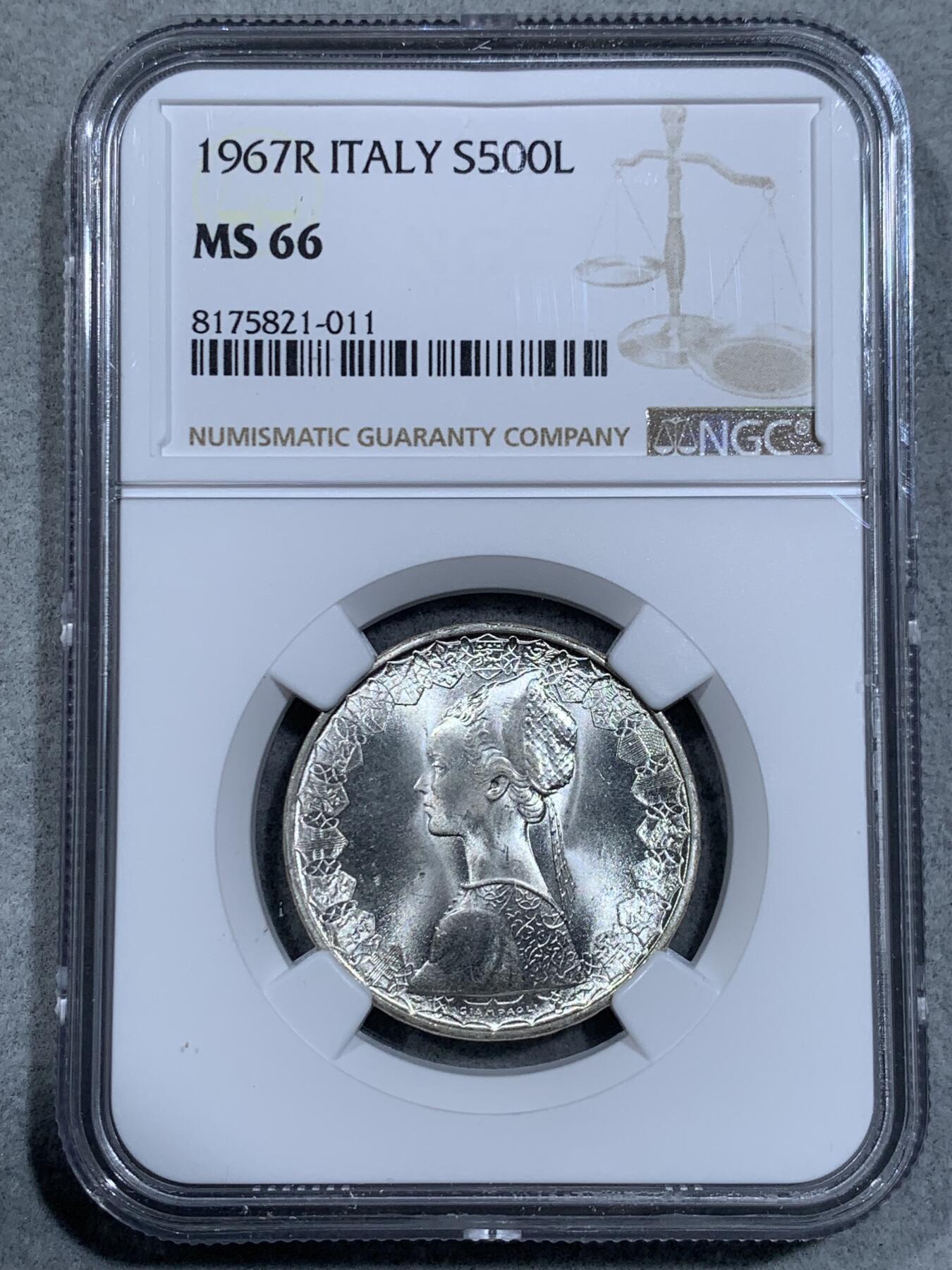 《竞宝斋》第334场 周日，周一 2场连拍 （全场包邮） NGC MS66 意大利1967年人妻500里拉银币，高分转光好品。