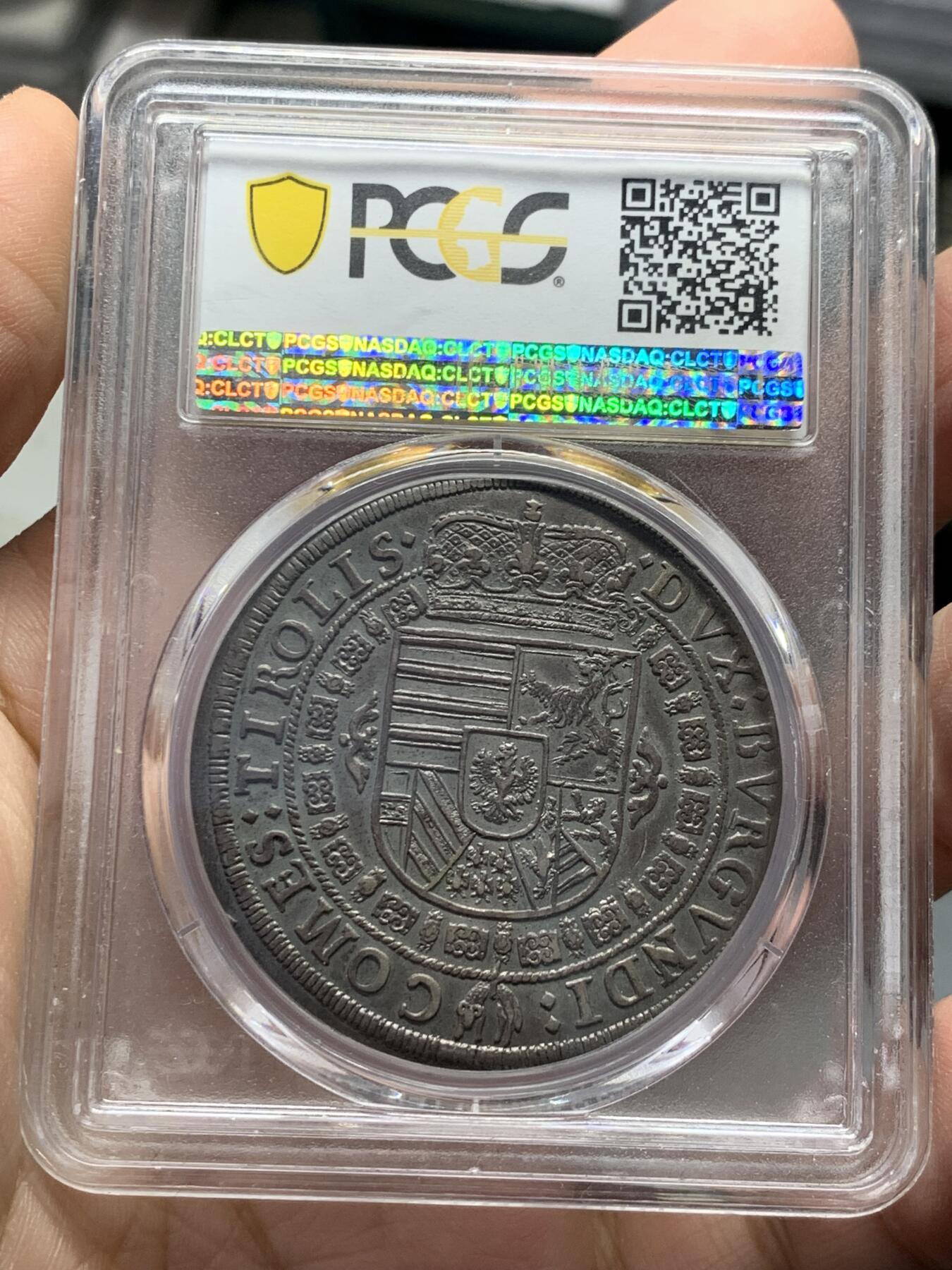《竞宝斋》第334场 周日，周一 2场连拍 （全场包邮） PCGS AU58 奥地利神罗1632年利奥波德五世泰勒 原味厚重包浆 人像纹章深打 盒子表面牛毛纹裂 无伤大雅