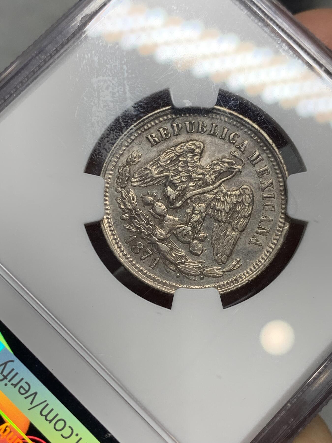 《竞宝斋》第334场 周日，周一 2场连拍 （全场包邮） 亚军分 NGC MS62 墨西哥1871年天平鹰洋25分银币，稀少