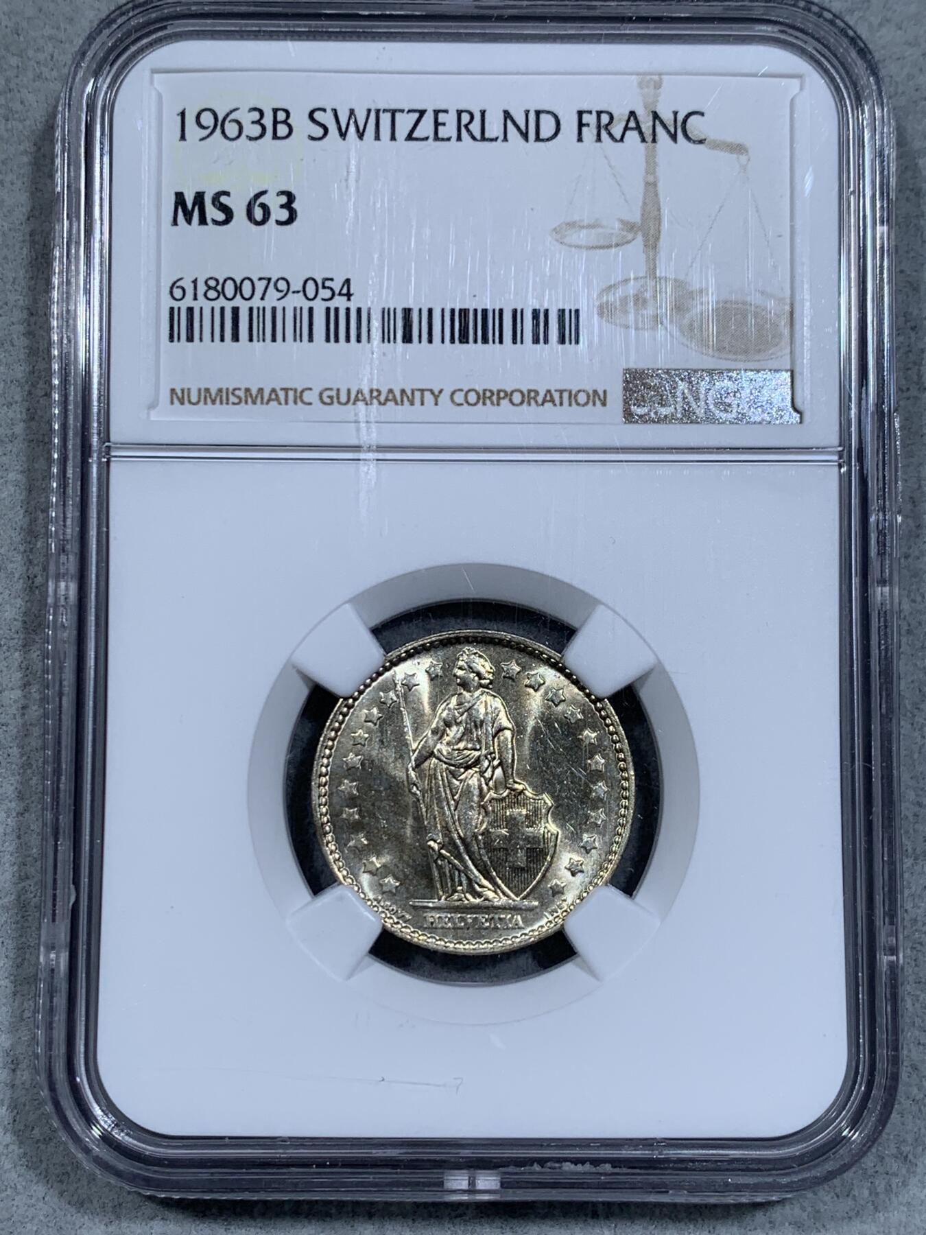 《竞宝斋》第334场 周日，周一 2场连拍 （全场包邮） NGC MS63 瑞士1963B雪山女神赫尔维蒂亚1法郎银币