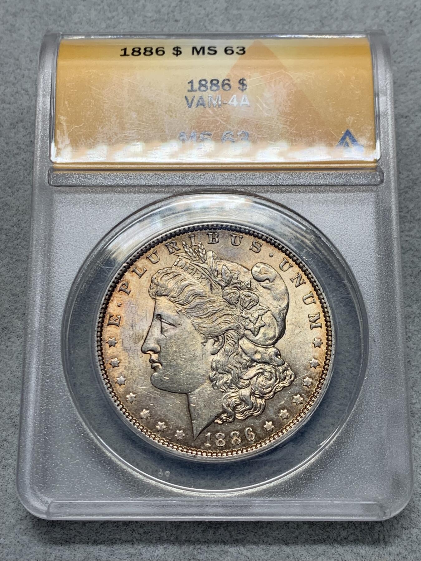 《竞宝斋》第334场 周日，周一 2场连拍 （全场包邮） ANACS MS63 美国1886年小版别 VAM-4A摩根银币