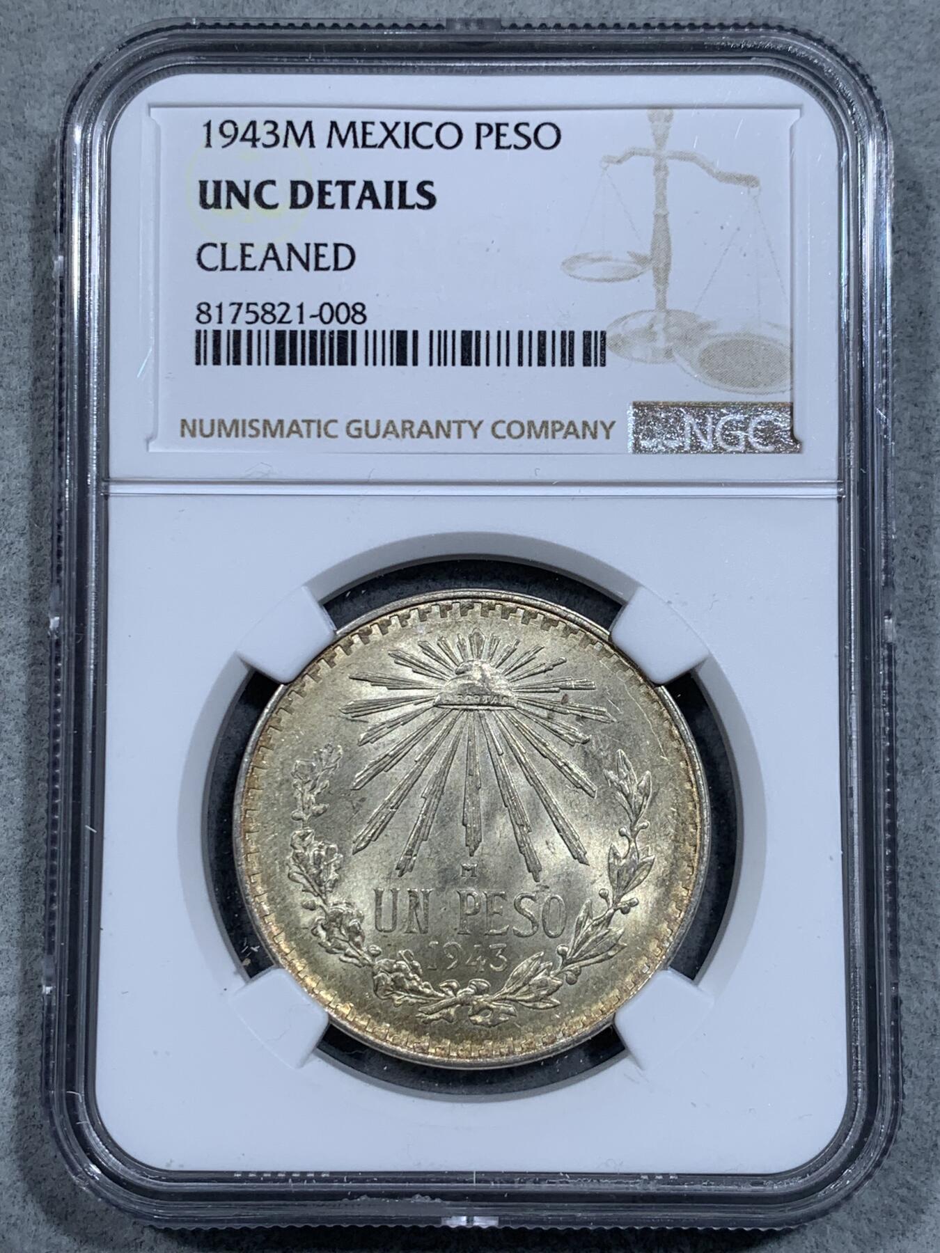 《竞宝斋》第334场 周日，周一 2场连拍 （全场包邮） NGC UNC CLEANED 墨西哥1943年鹰洋1比索银币
