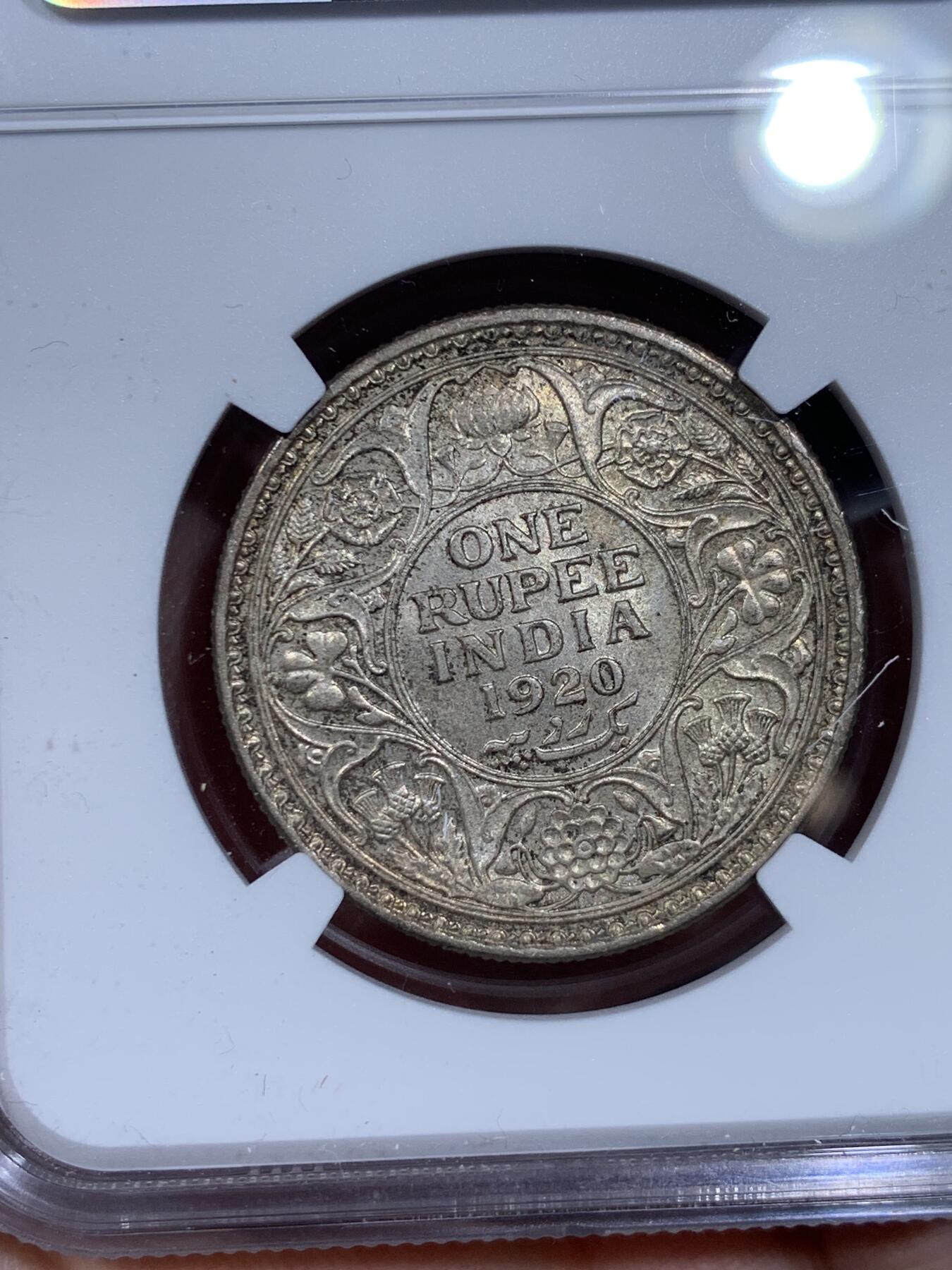 《竞宝斋》第334场 周日，周一 2场连拍 （全场包邮） NGC MS64 印度1920年乔治五世卢比银币 币面丝绸光泽，养眼