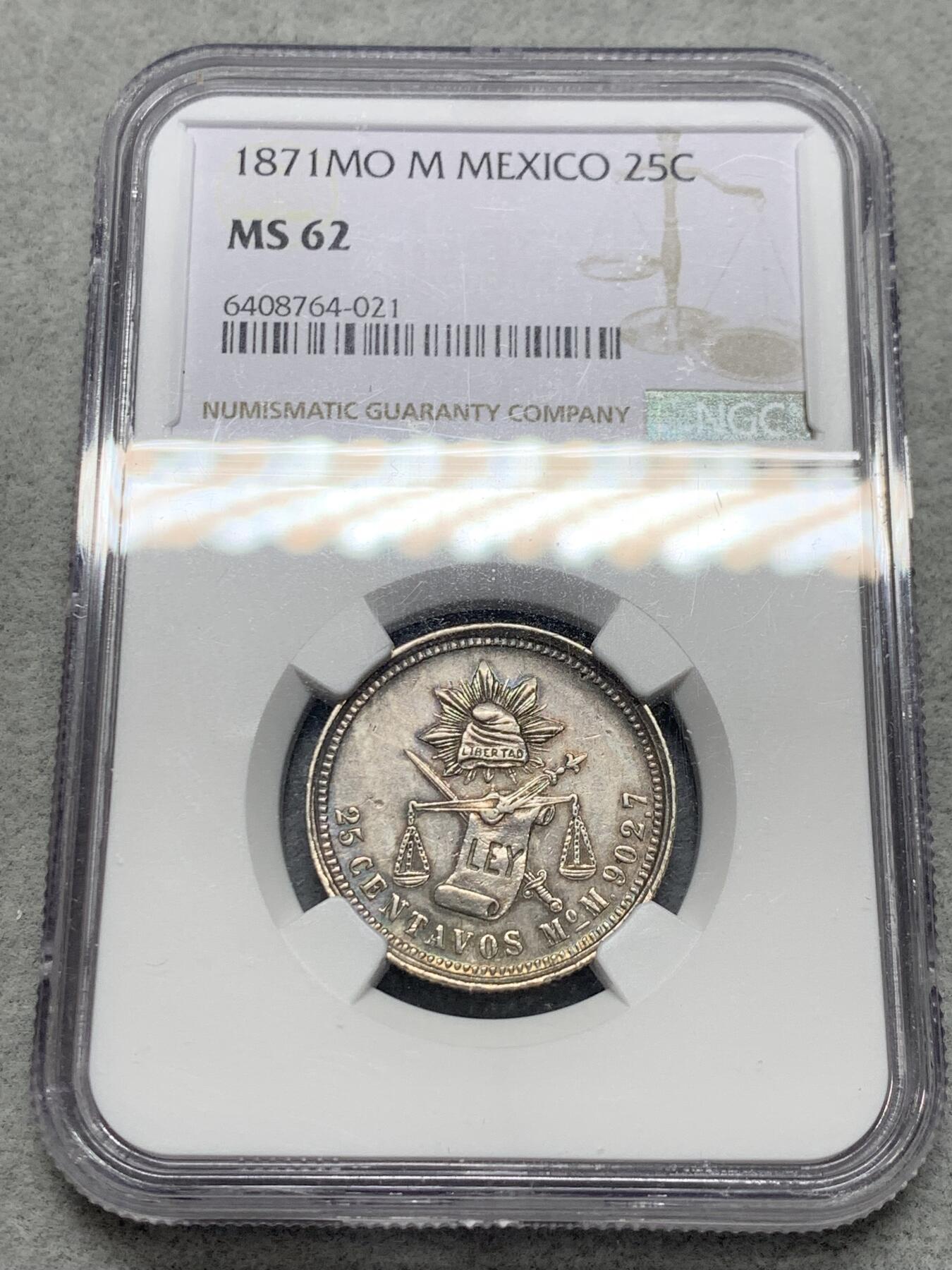 《竞宝斋》第334场 周日，周一 2场连拍 （全场包邮） 亚军分 NGC MS62 墨西哥1871年天平鹰洋25分银币，稀少