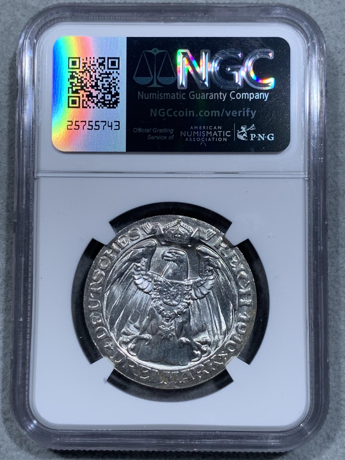 《竞宝斋》第334场 周日，周一 2场连拍 （全场包邮） NGC MS63 德国1910年普鲁士柏林大学3马克银币