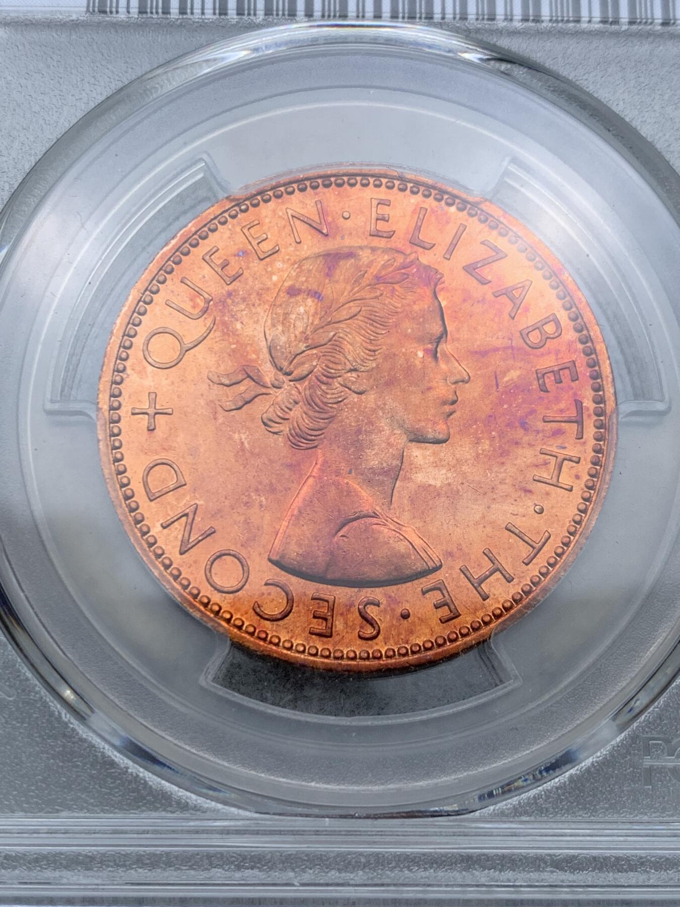 《竞宝斋》第334场 周日，周一 2场连拍 （全场包邮） PCGS SP65RD 新西兰1965年1便士样币