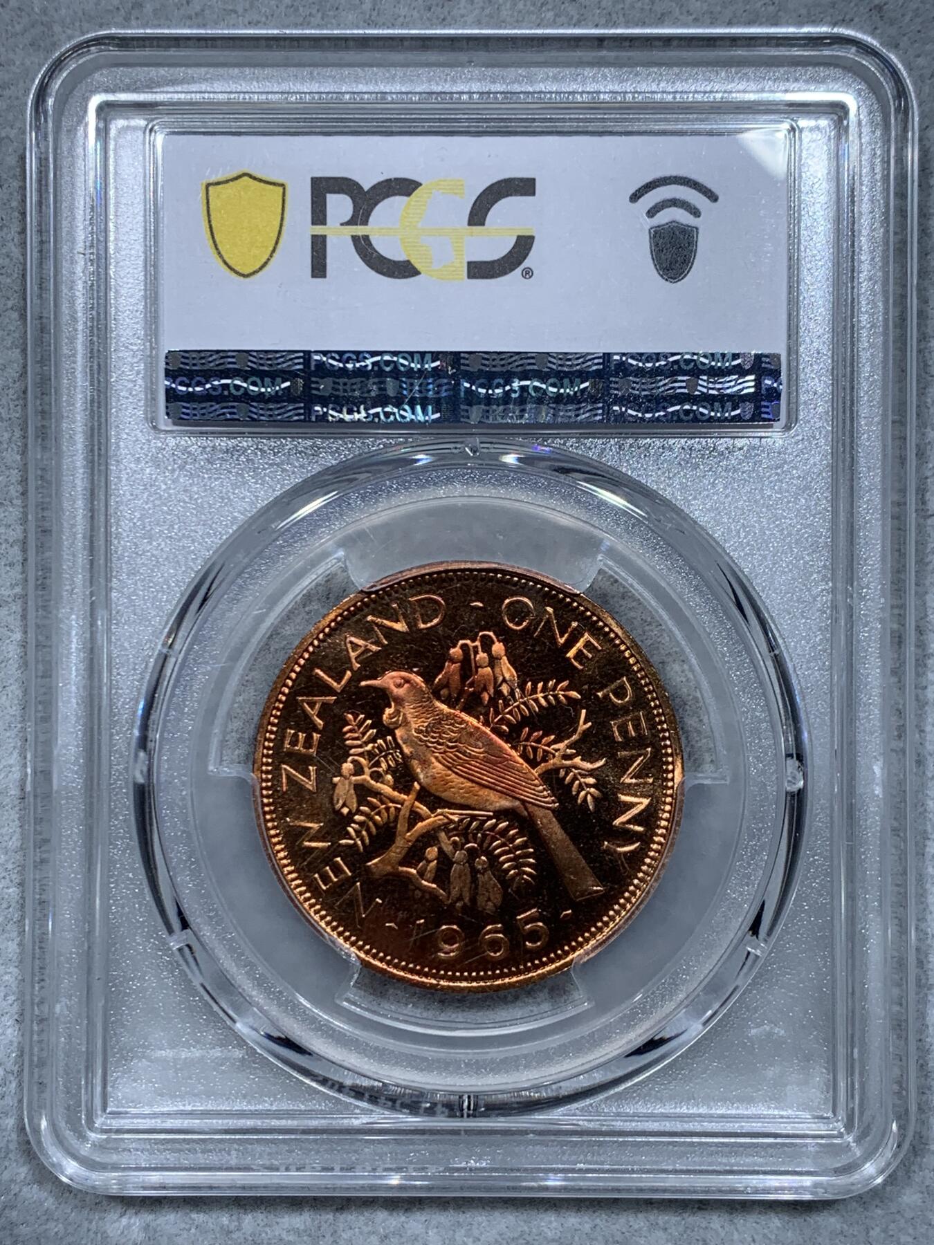 《竞宝斋》第334场 周日，周一 2场连拍 （全场包邮） PCGS SP65RD 新西兰1965年1便士样币