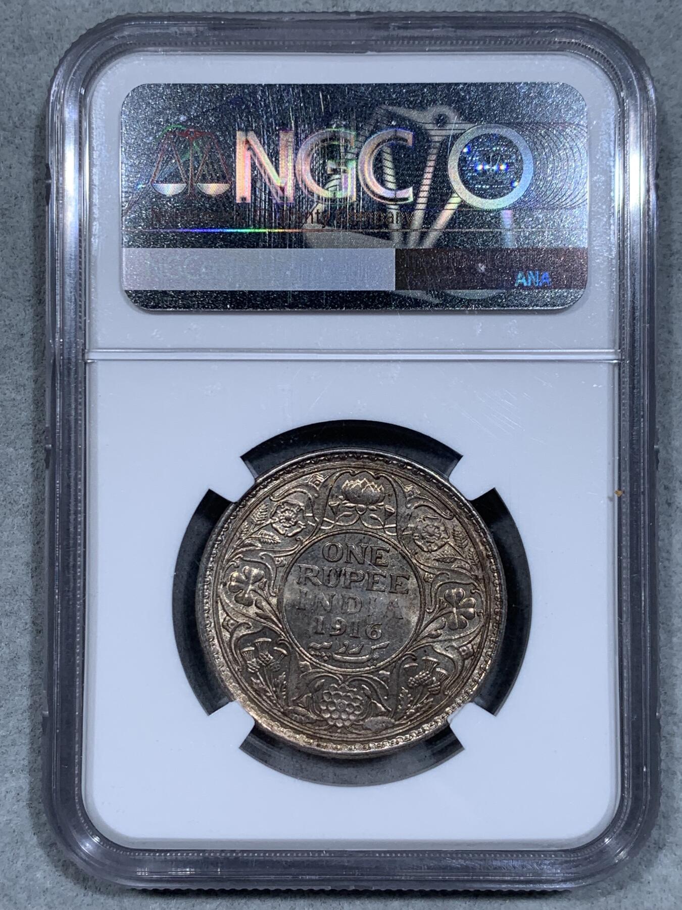 《竞宝斋》第334场 周日，周一 2场连拍 （全场包邮） NGC MS62 印度1916（B）乔治五世1卢比银币