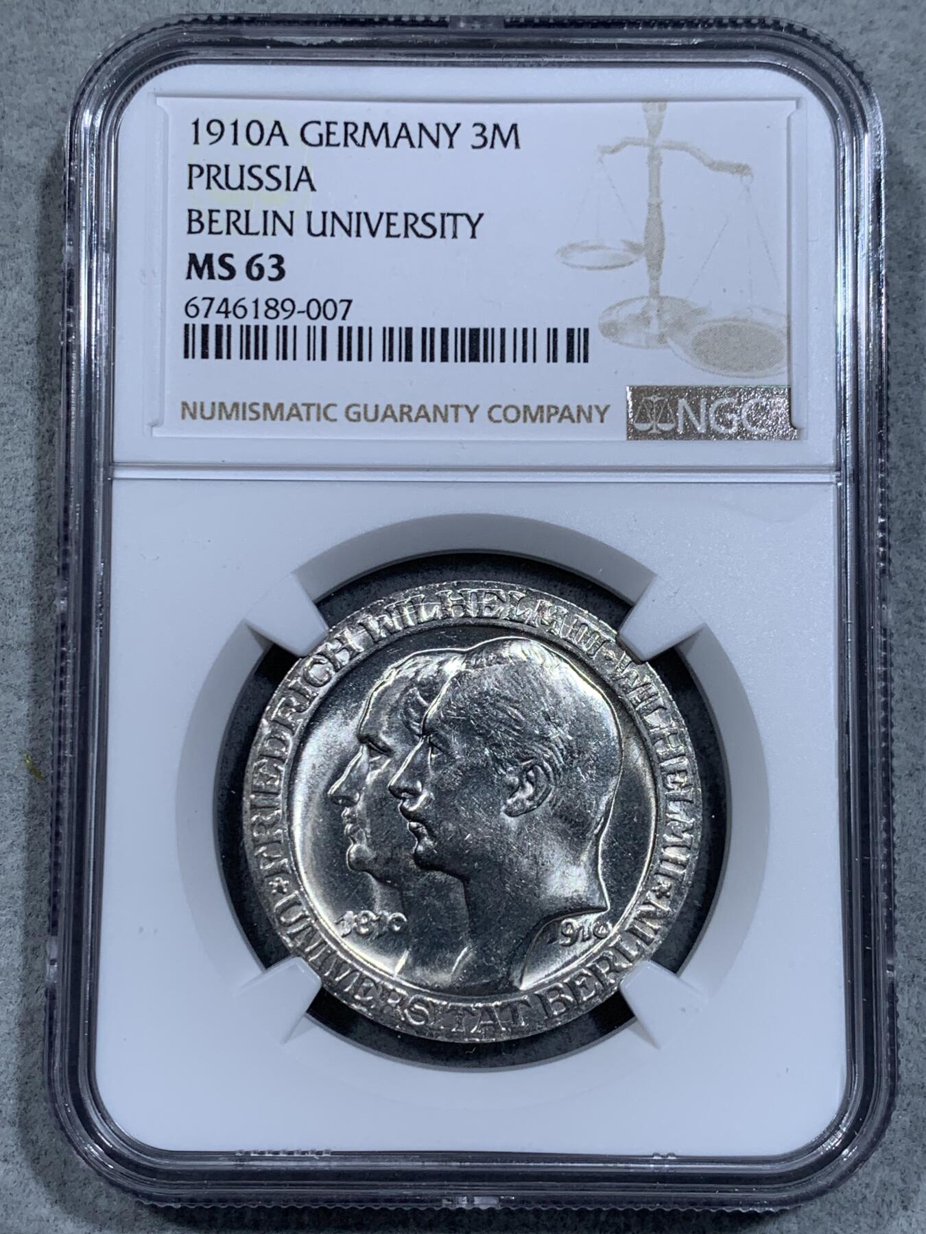 《竞宝斋》第334场 周日，周一 2场连拍 （全场包邮） NGC MS63 德国1910年普鲁士柏林大学3马克银币