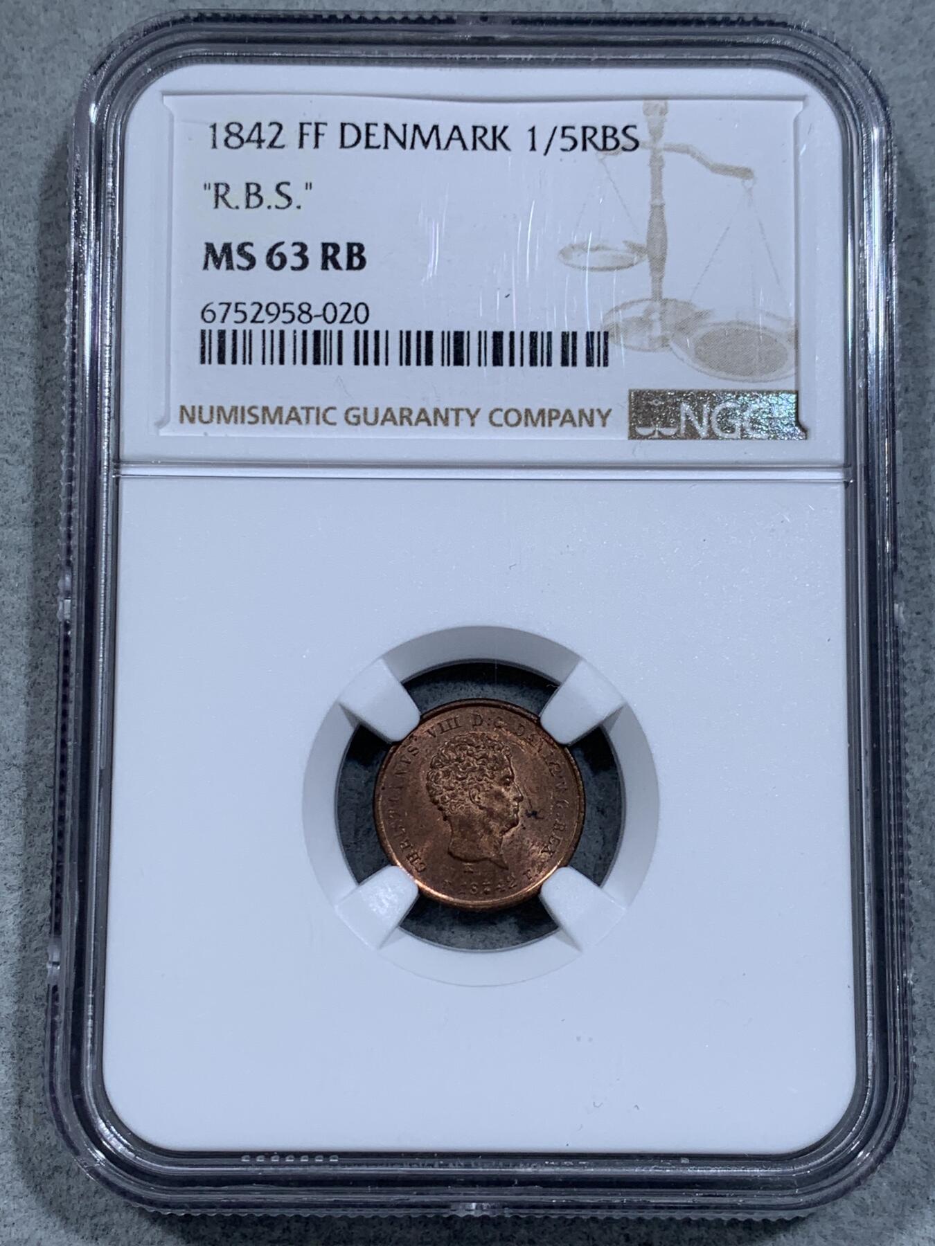 《竞宝斋》第334场 周日，周一 2场连拍 （全场包邮） NGC MS63RB 1842丹麦1/5RBS铜币，季军分